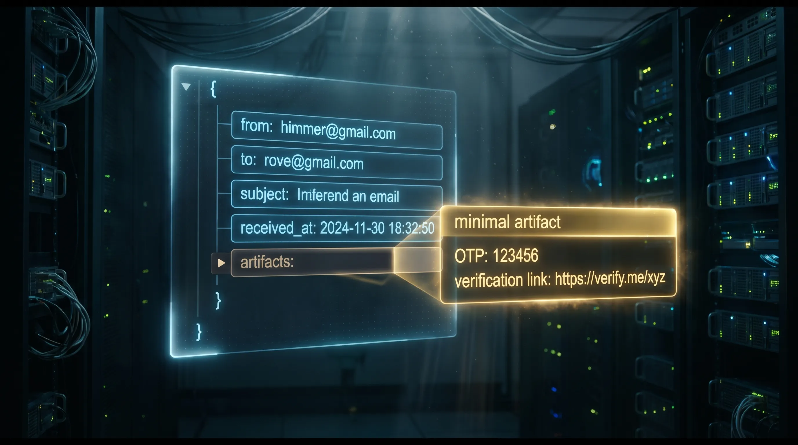 An illustration of a structured JSON email object with labeled fields like from, to, subject, received_at, and artifacts (OTP or verification link), with a highlighted “minimal artifact” section separated from the full body.