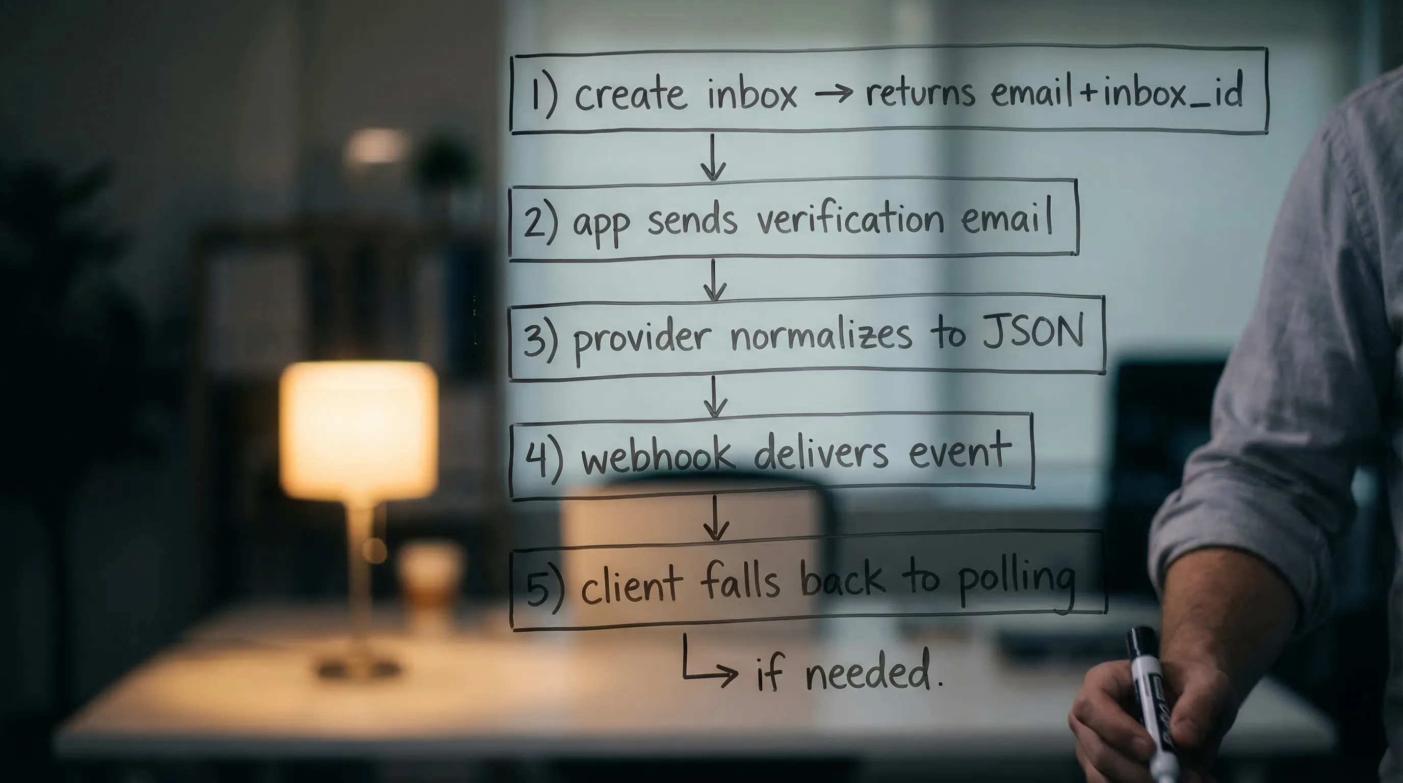 A simple diagram showing an inbox-first email API flow: 1) create inbox returns email+inbox_id, 2) app sends verification email, 3) provider normalizes to JSON, 4) webhook delivers event, 5) client falls back to polling if needed.