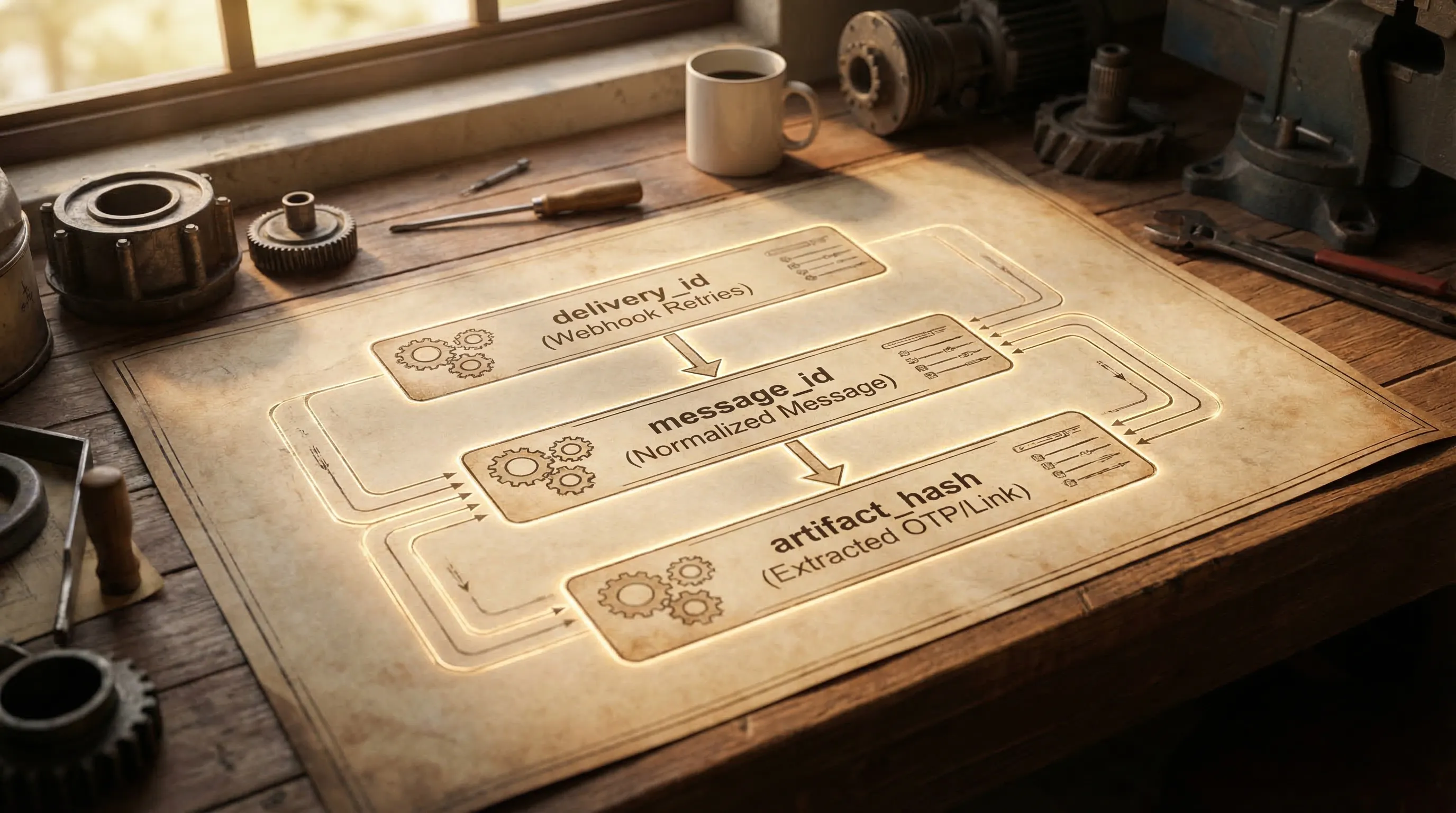 A table-like illustration of message identity and deduplication layers: delivery_id for webhook retries, message_id for the normalized message, artifact_hash for extracted OTP/link.