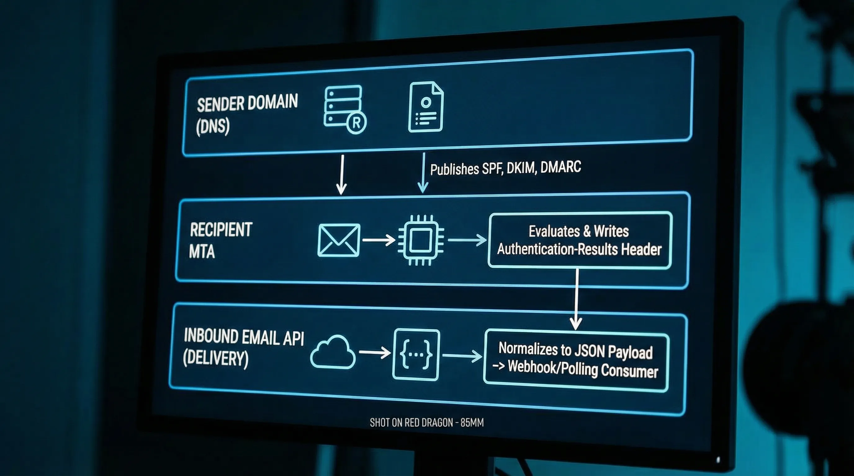 Diagram showing three layers: sender domain publishes SPF/DKIM/DMARC in DNS, recipient MTA evaluates and writes Authentication-Results header, then an inbound email API delivers a normalized JSON payload to your webhook/polling consumer.