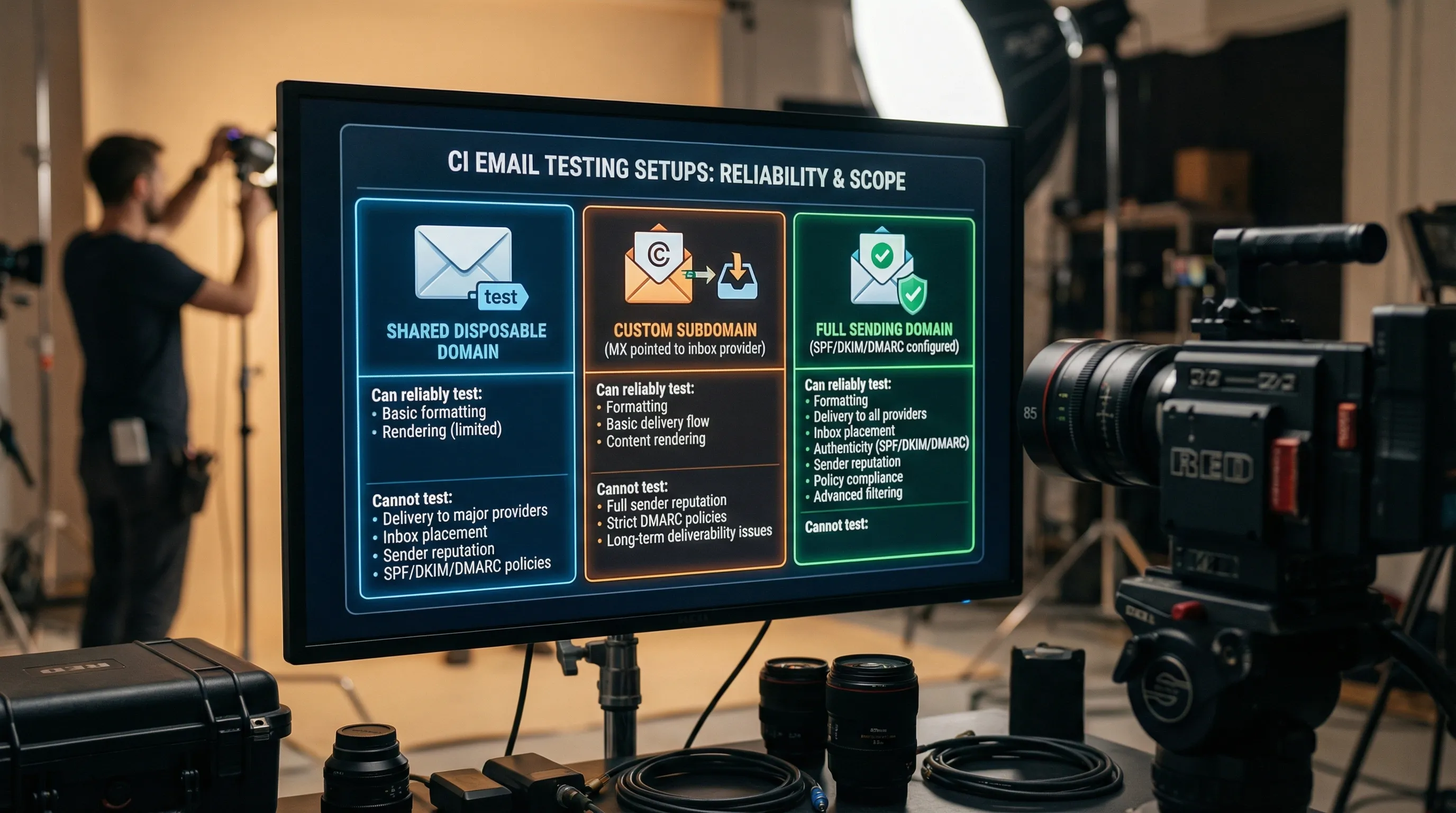 A table-like illustration comparing three test setups: shared disposable domain, custom subdomain with MX pointed to inbox provider, and full sending domain with SPF/DKIM/DMARC. Each column lists what you can reliably test in CI.