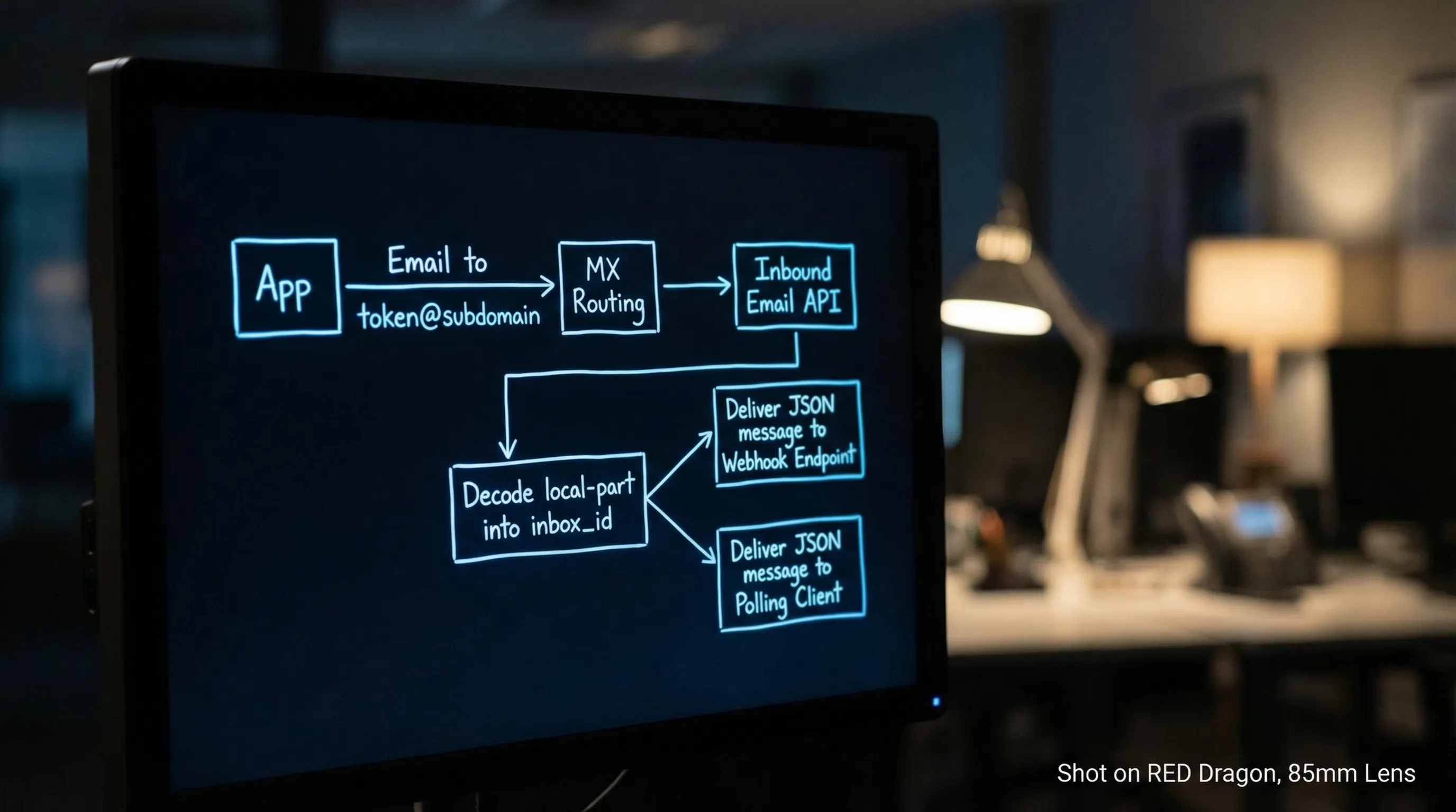 A simple flow diagram showing an app sending email to token@subdomain, MX routing to an inbound email API, decoding the local-part into an inbox_id, then delivering a JSON message to either a webhook endpoint or a polling client.