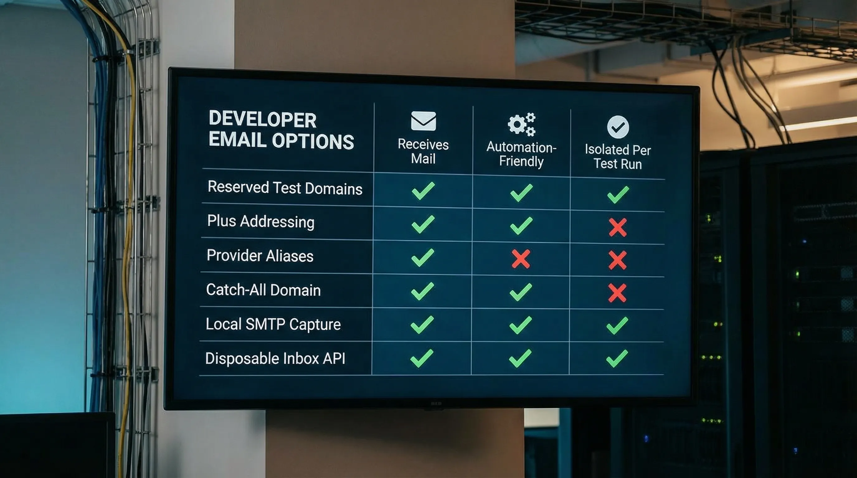 A comparison matrix showing six developer email options (reserved test domains, plus addressing, provider aliases, catch-all domain, local SMTP capture, disposable inbox API) with checkmarks for “receives mail,” “automation-friendly,” and “isolated per test run.”