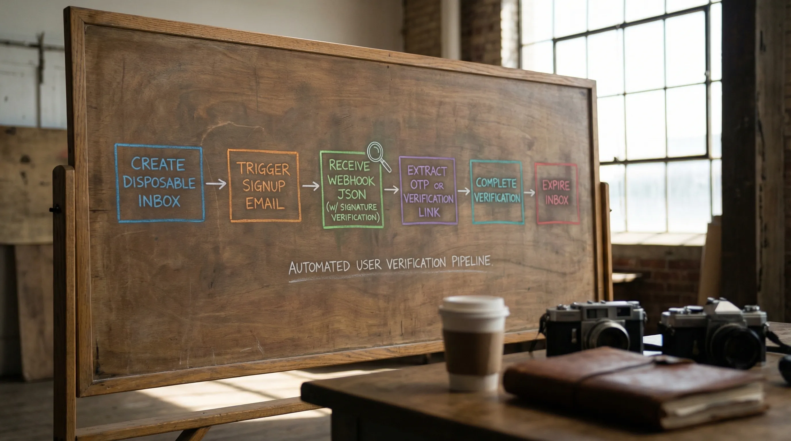 A simple flow diagram: Create disposable inbox, trigger signup email, receive webhook JSON (with signature verification), extract OTP or verification link, complete verification, expire inbox.