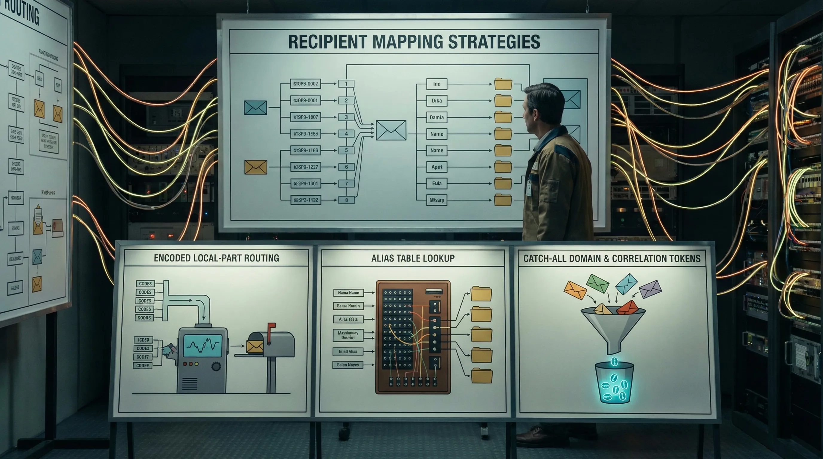 Illustration of three recipient mapping strategies: encoded local-part routing, alias table lookup, and catch-all domain with correlation tokens.