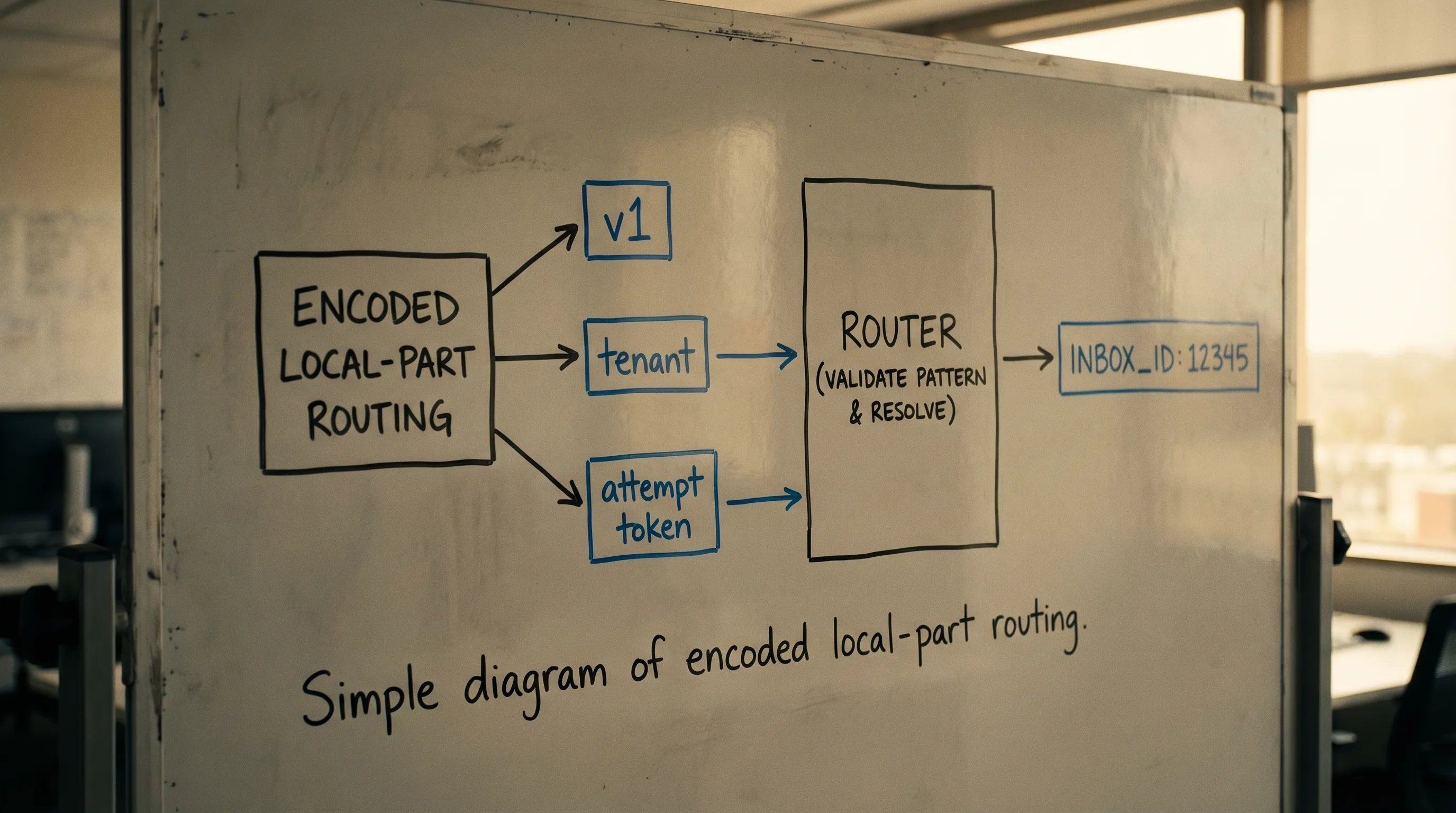 Simple diagram of encoded local-part routing: an email address local-part contains segments like v1, tenant, and attempt token; a router validates the pattern and resolves it to an inbox_id.
