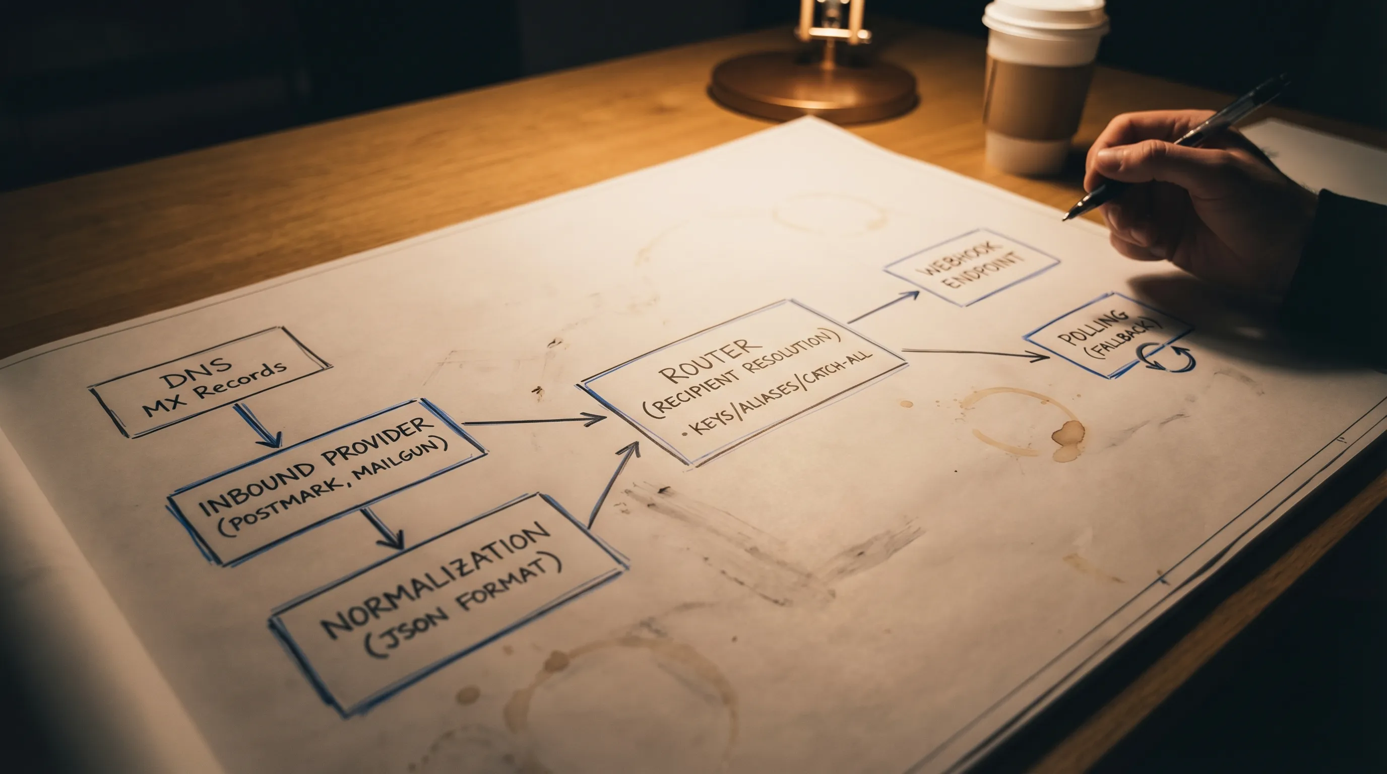 Architecture sketch of inbound email routing: DNS MX routes mail to an inbound provider, provider normalizes to JSON, router resolves recipient using keys/aliases/catch-all, then delivers to a webhook endpoint with polling as fallback.