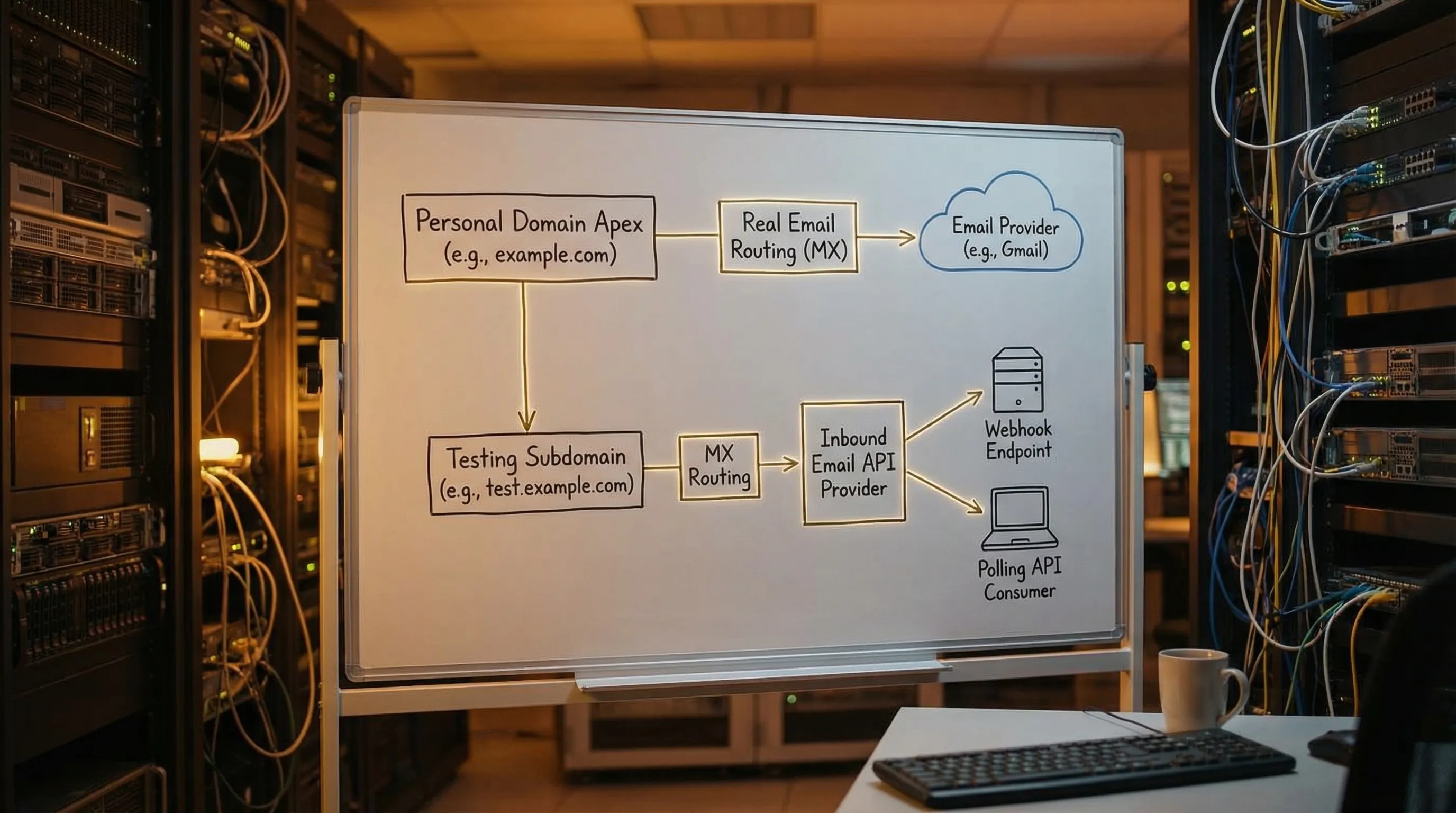 Diagram showing a personal domain apex used for real email, plus a separate testing subdomain with its own MX routing to an inbound email API provider, which then delivers emails to a webhook endpoint and a polling API consumer.