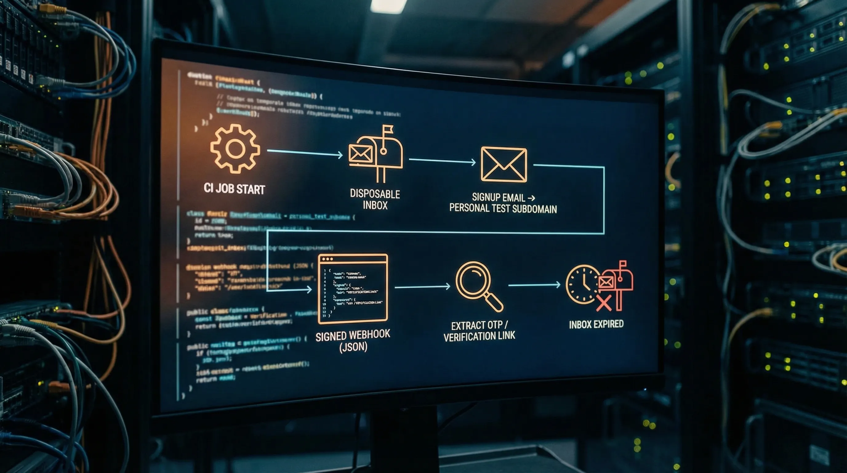 A sequence view showing a CI job creating a disposable inbox, triggering a signup email to a personal test subdomain, receiving a signed webhook with JSON, extracting an OTP or verification link, and expiring the inbox.