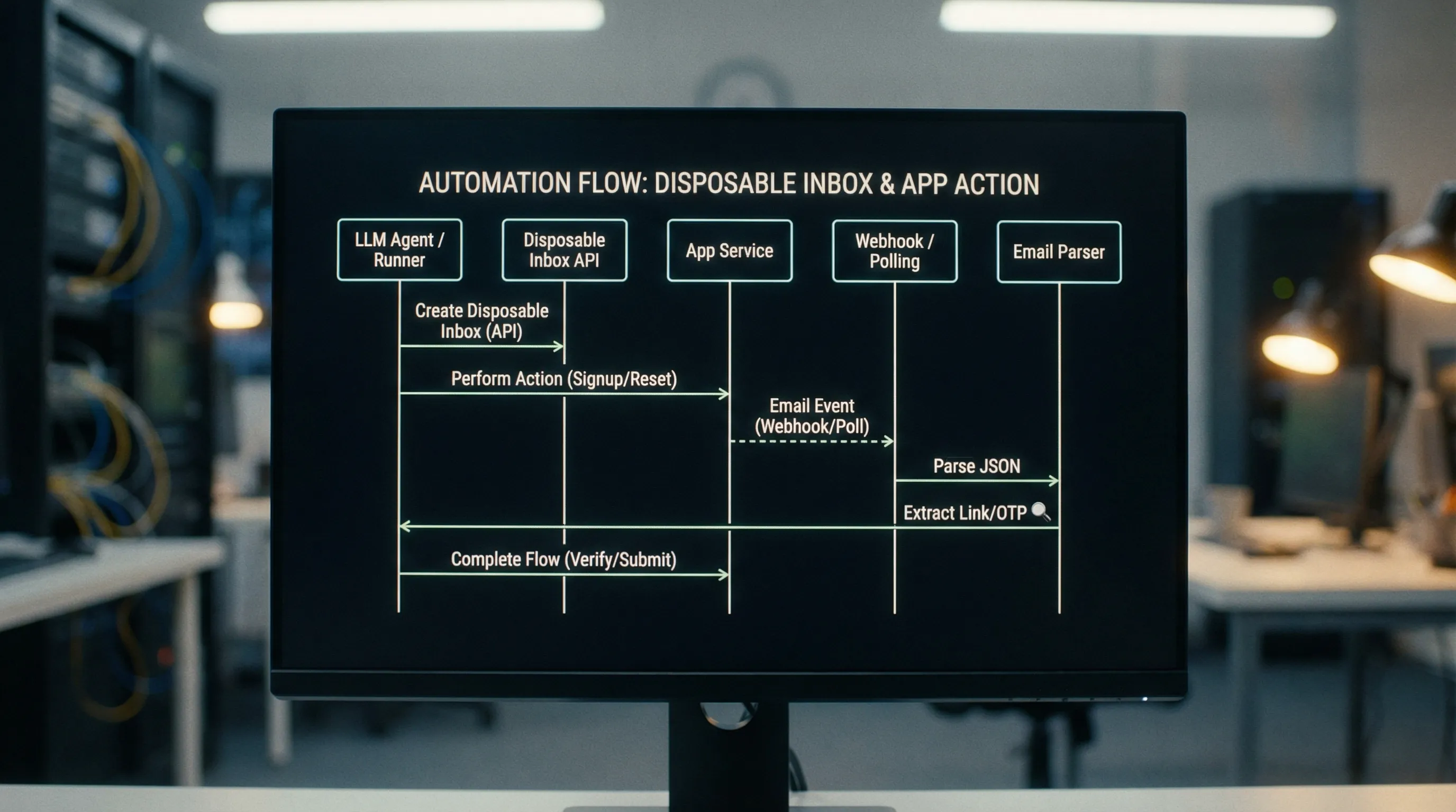 A simple sequence diagram showing an automation runner or LLM agent creating a disposable inbox via API, performing an app action (signup/reset), receiving an email event via webhook or polling, parsing JSON, extracting a link or OTP, and completing the flow.