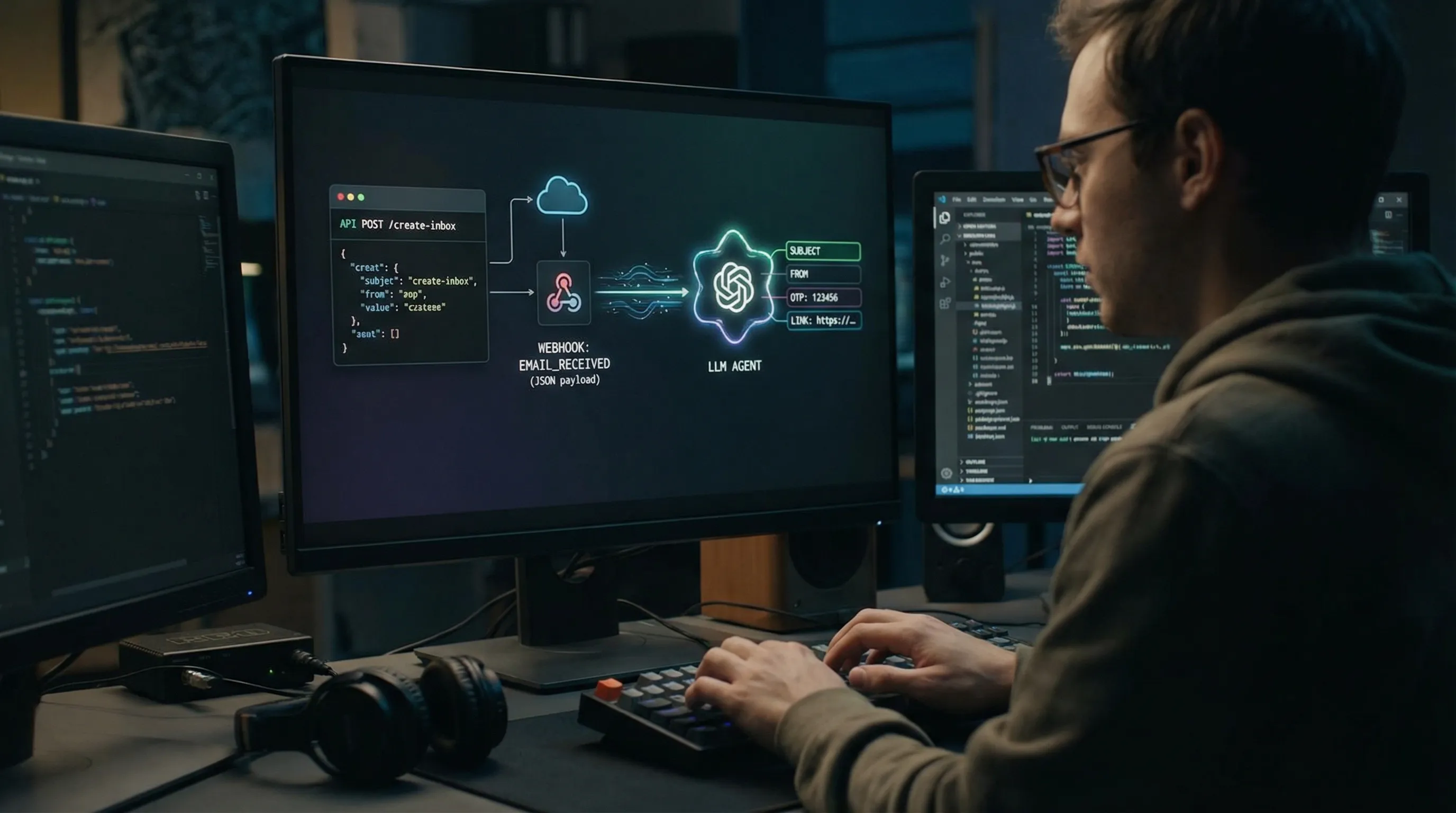 A developer-oriented illustration showing an API creating disposable inboxes, a webhook event delivering an email as JSON, and an LLM agent consuming only structured fields like subject, from, and extracted OTP/link.