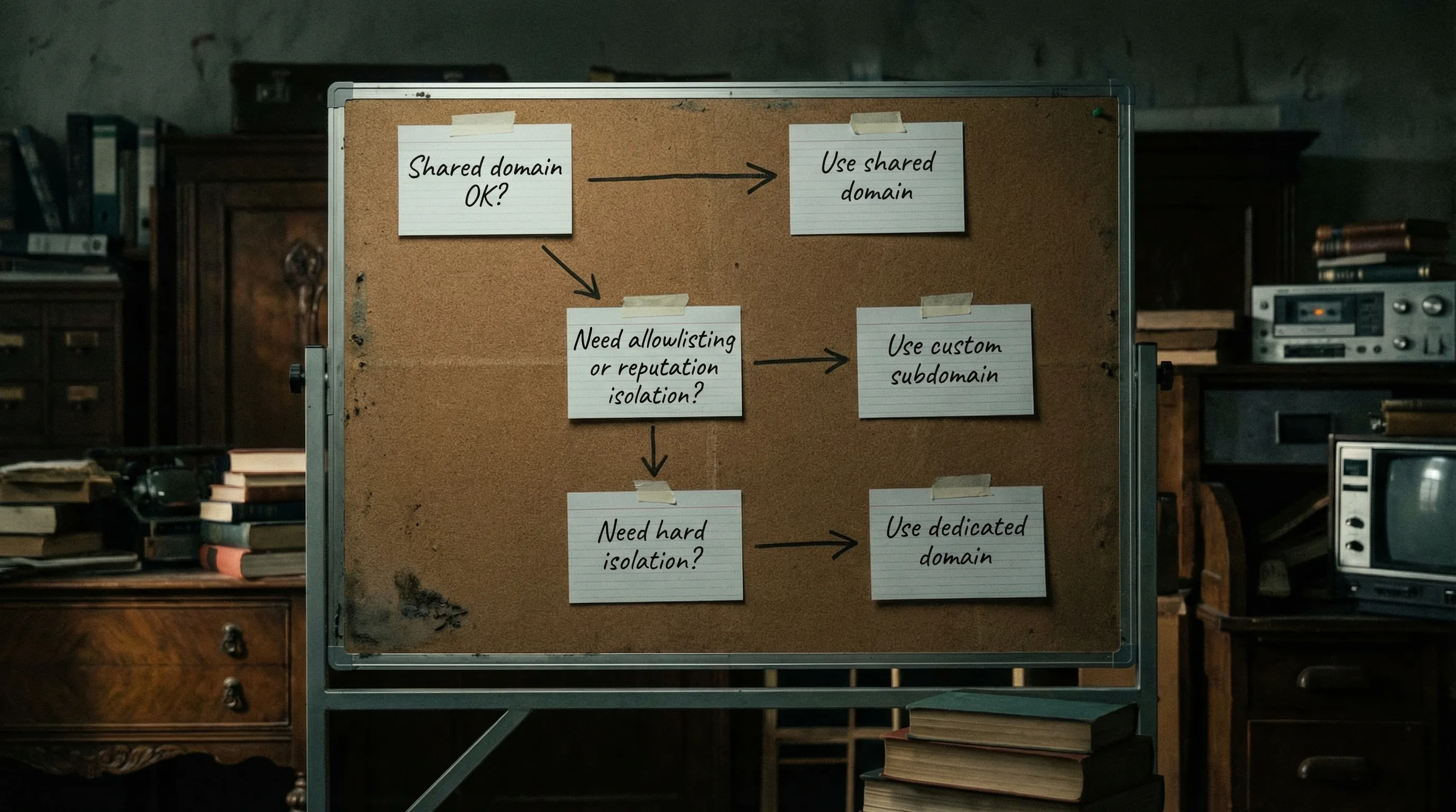 A simple decision flow diagram showing four boxes connected by arrows: “Shared domain OK?” leading to “Use shared domain”, otherwise “Need allowlisting or reputation isolation?” leading to “Use custom subdomain”, otherwise “Need hard isolation?” leading to “Use dedicated domain”.