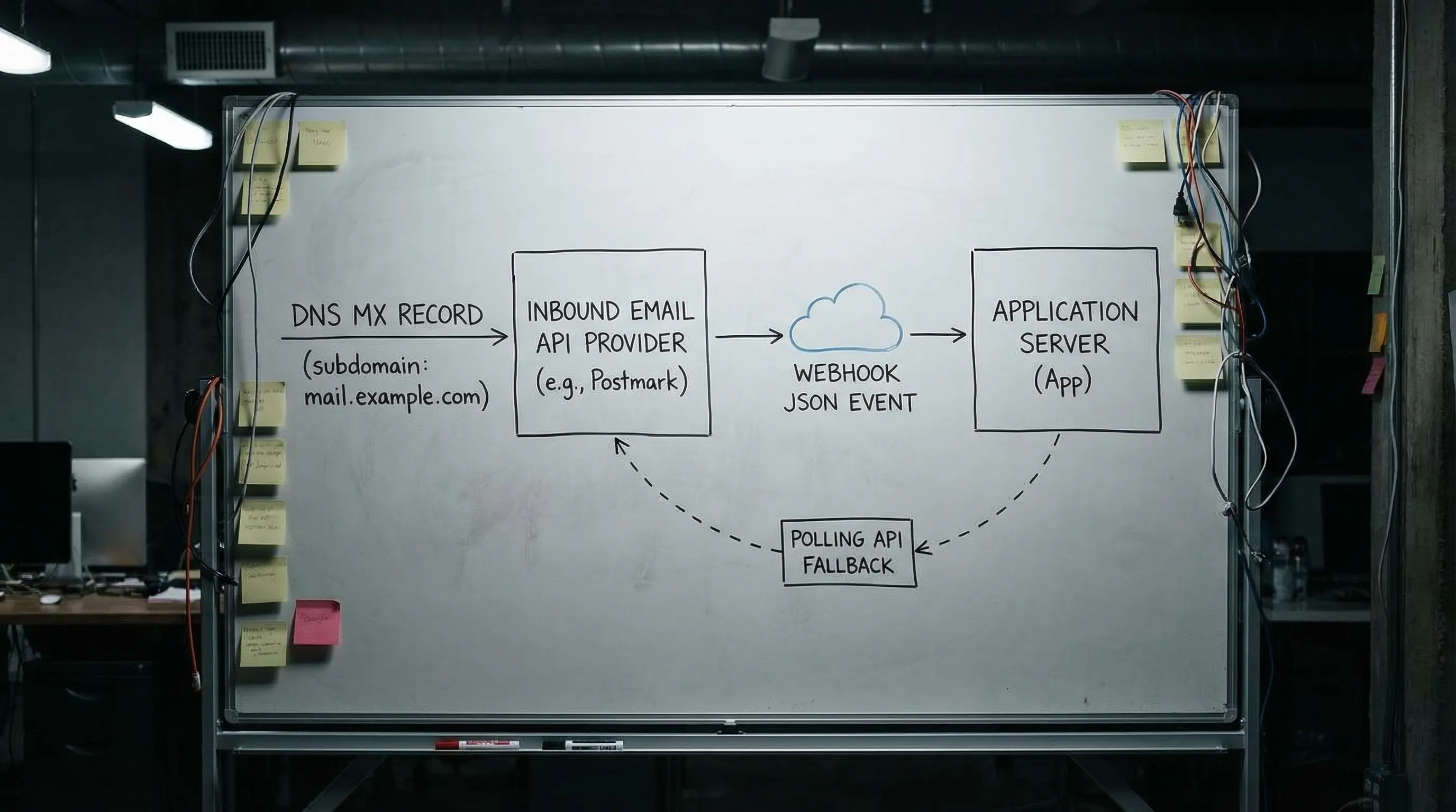 A schematic showing DNS MX record for a subdomain pointing to an inbound email API provider, which then emits a webhook JSON event to an application, with a polling API as a fallback path.