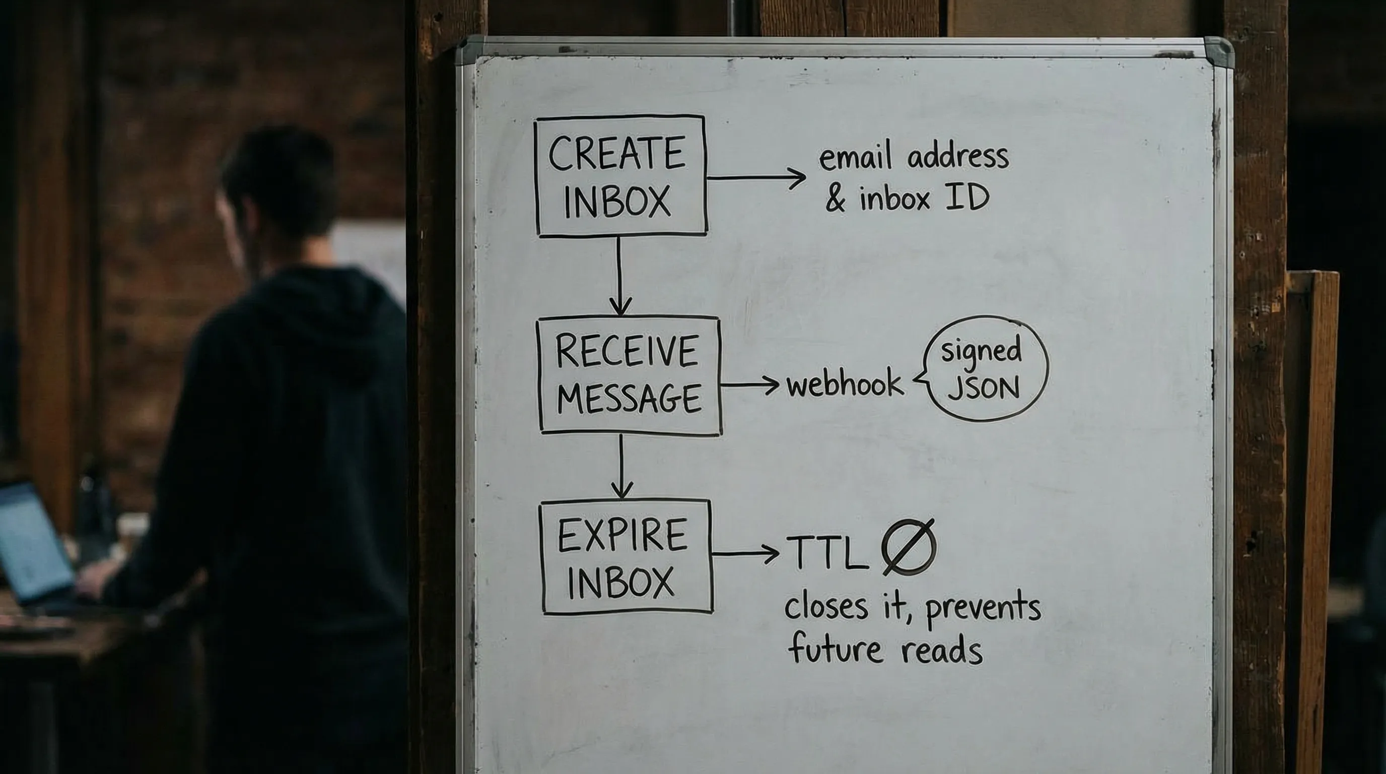 A simple three-step lifecycle diagram showing: Create inbox (returns email address and inbox ID), Receive message (webhook delivers signed JSON), Expire inbox (TTL closes it and prevents future reads).