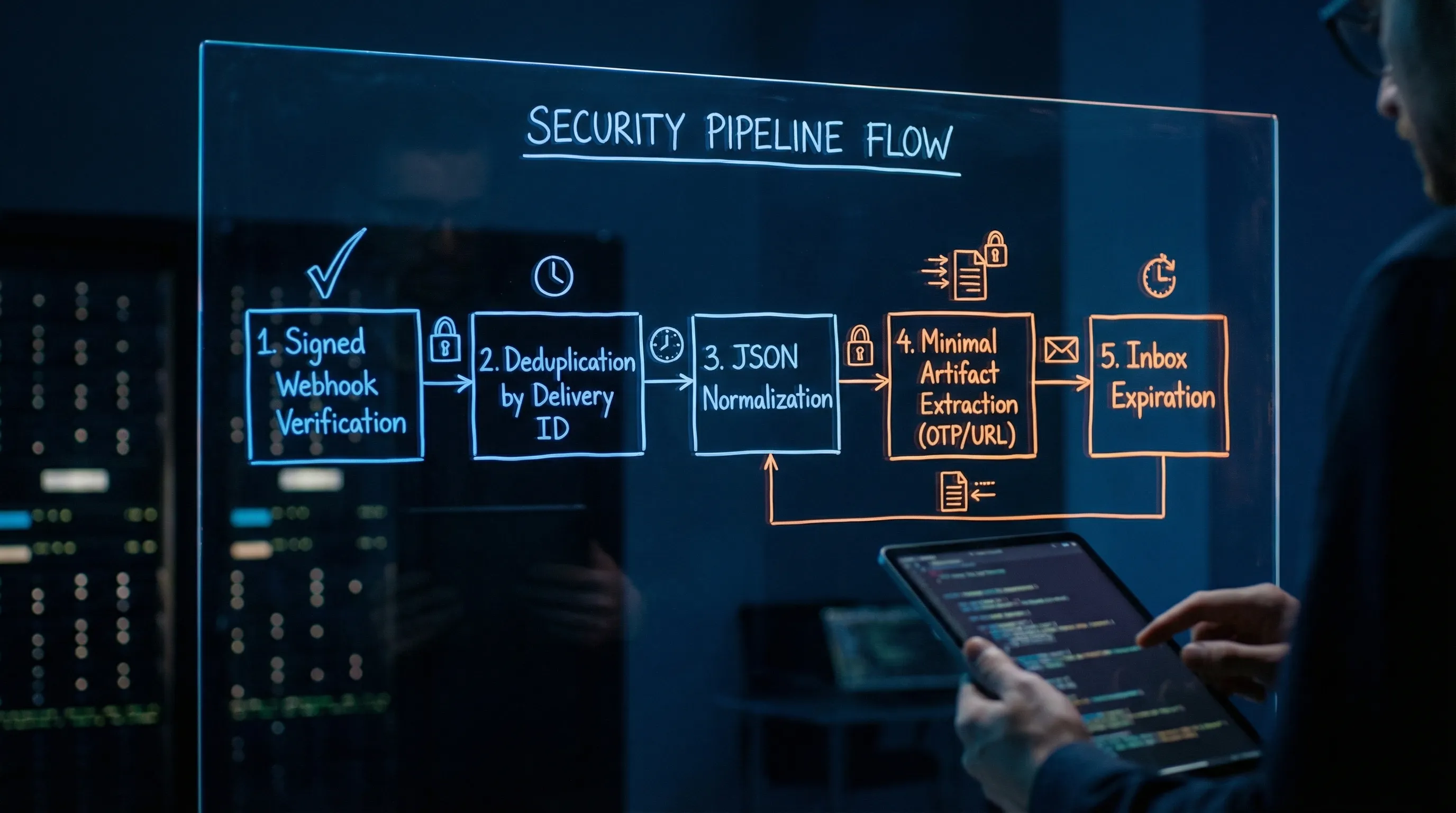 A security-focused pipeline illustration showing: Signed webhook verification, deduplication by delivery ID, JSON normalization, minimal artifact extraction (OTP or allowlisted URL), and inbox expiration.