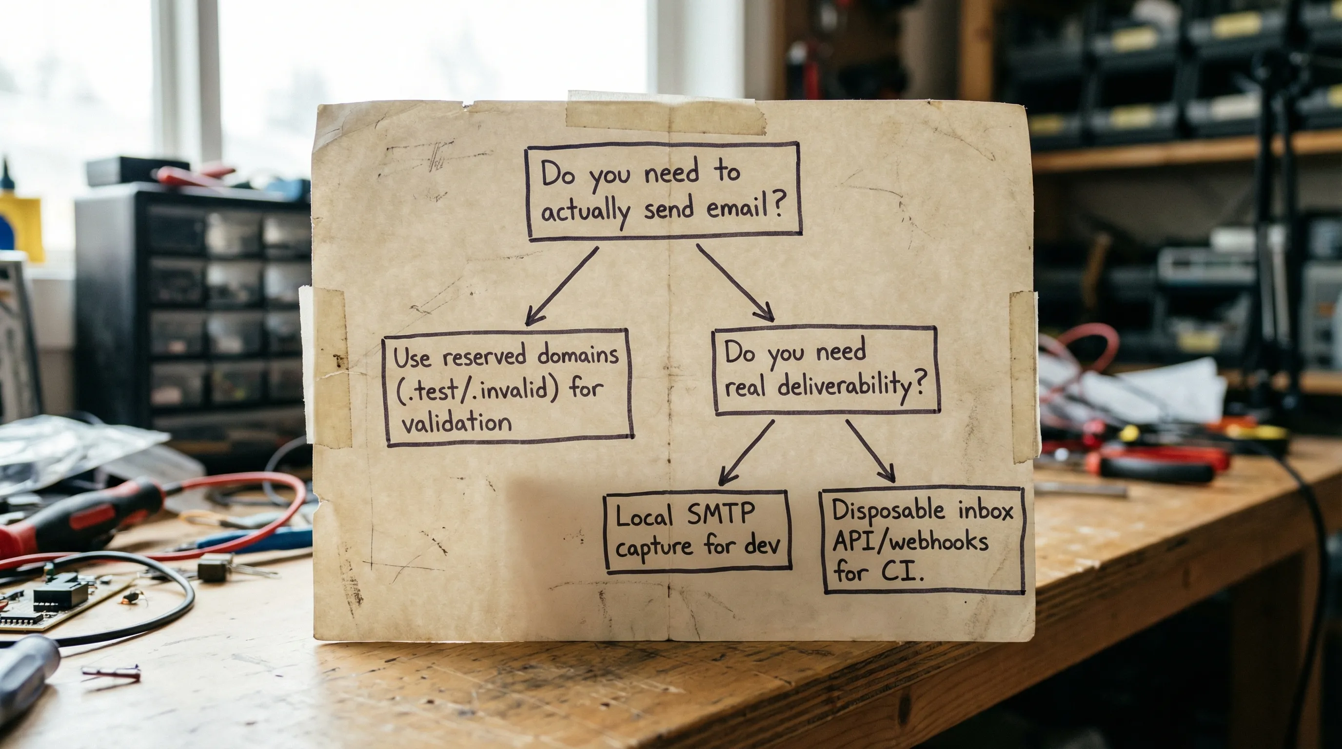 एक सरल decision flowchart चार बॉक्सों के साथ: “क्या आपको वास्तव में ईमेल भेजने की ज़रूरत है?” जो “validation के लिए आरक्षित domains (.test/.invalid) का उपयोग करें” या “क्या आपको real deliverability की ज़रूरत है?” जो “dev के लिए Local SMTP capture” या “CI के लिए Disposable inbox API/webhooks” की ओर जाता है।