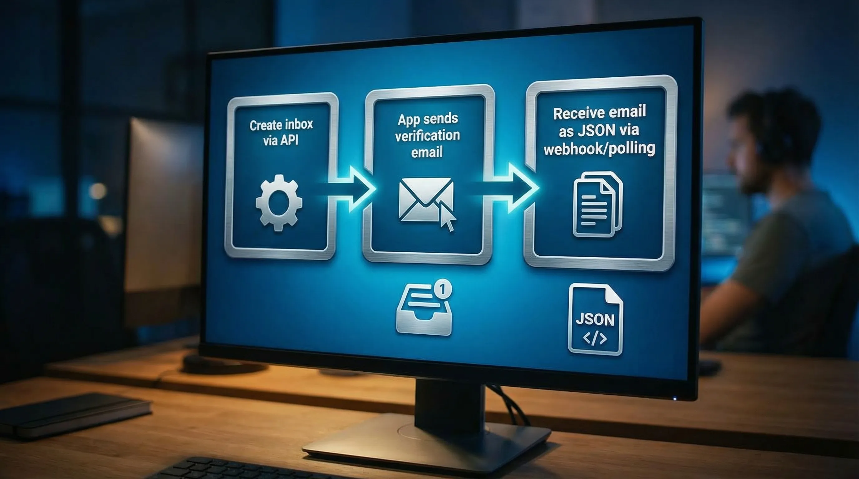 एक developer-focused illustration तीन panels दिखाता है जो “API के via inbox बनाएं”, “App verification email भेजता है”, और “Webhook/polling के via JSON के रूप में email receive करें” लेबल किए गए हैं, arrows से connected हैं, एक inbox icon और JSON document icon के साथ।