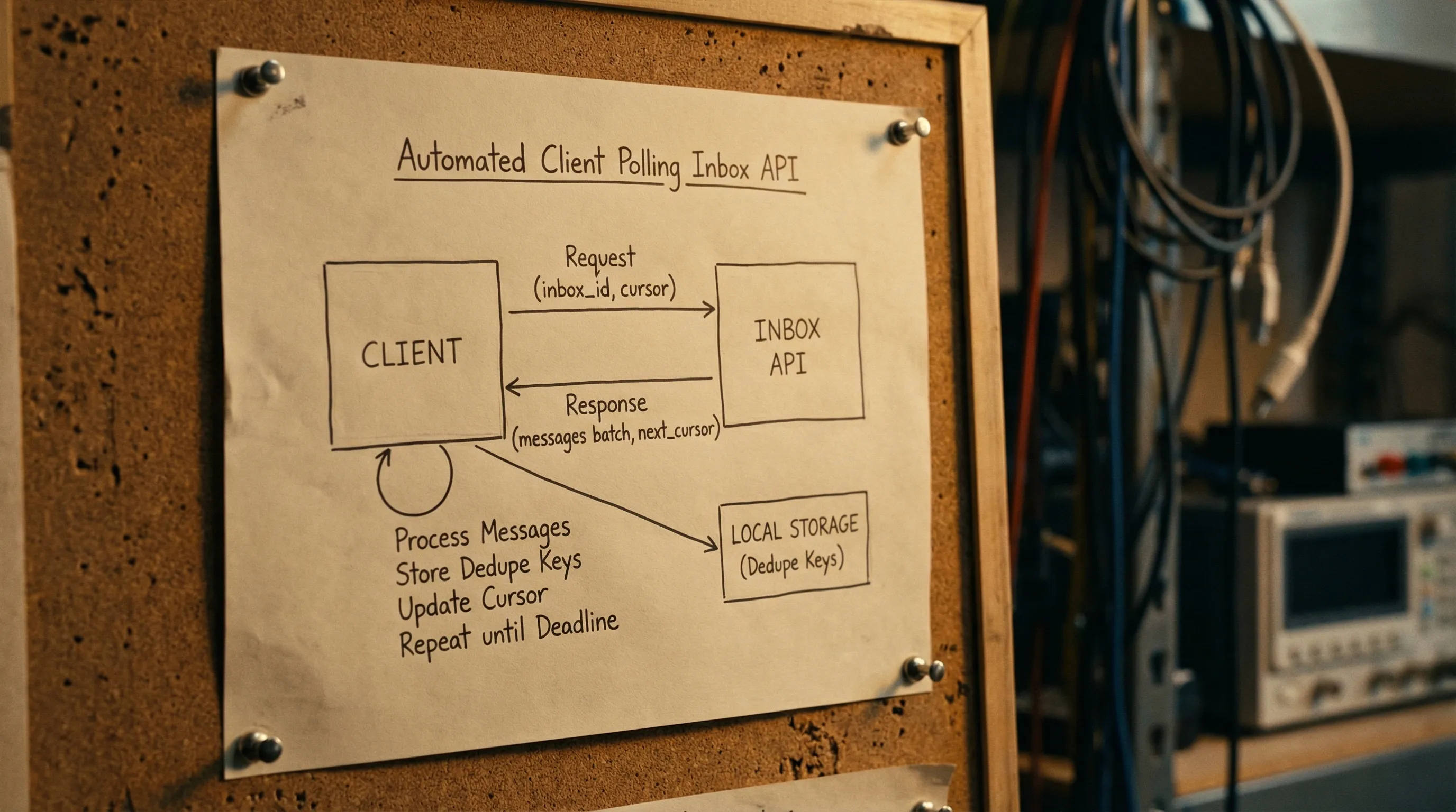 A simple diagram showing an automated client polling an inbox API: request includes inbox_id and cursor, response returns a batch of messages plus next_cursor. The client processes messages, stores dedupe keys, updates cursor, and repeats until a deadline.