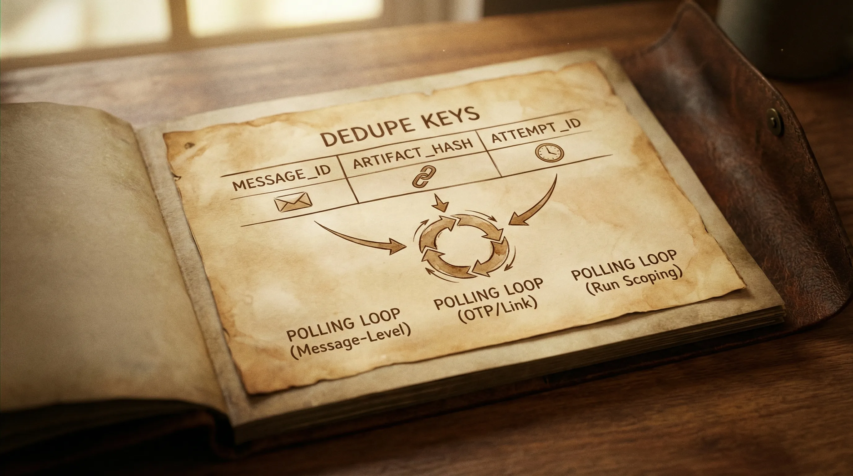 A compact table-style illustration showing three dedupe keys: message_id for message-level dedupe, artifact_hash for OTP/link dedupe, and attempt_id for run scoping, with arrows indicating where each is stored in the polling loop.