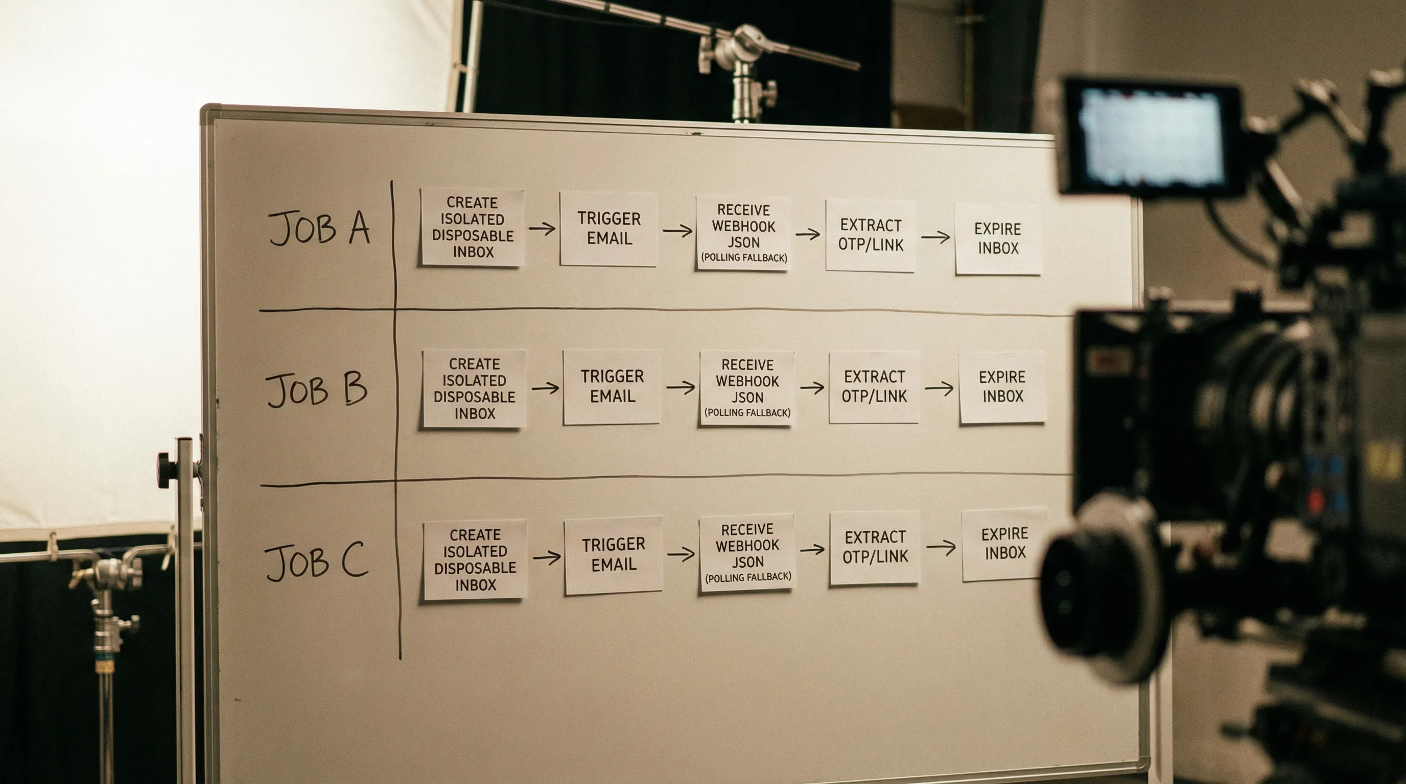 A simple flow diagram showing parallel CI jobs each creating an isolated disposable inbox, triggering an email, receiving a webhook JSON event (with polling fallback), extracting an OTP or verification link, and then expiring the inbox. Each job is labeled Job A, Job B, Job C to emphasize isolation and concurrency.