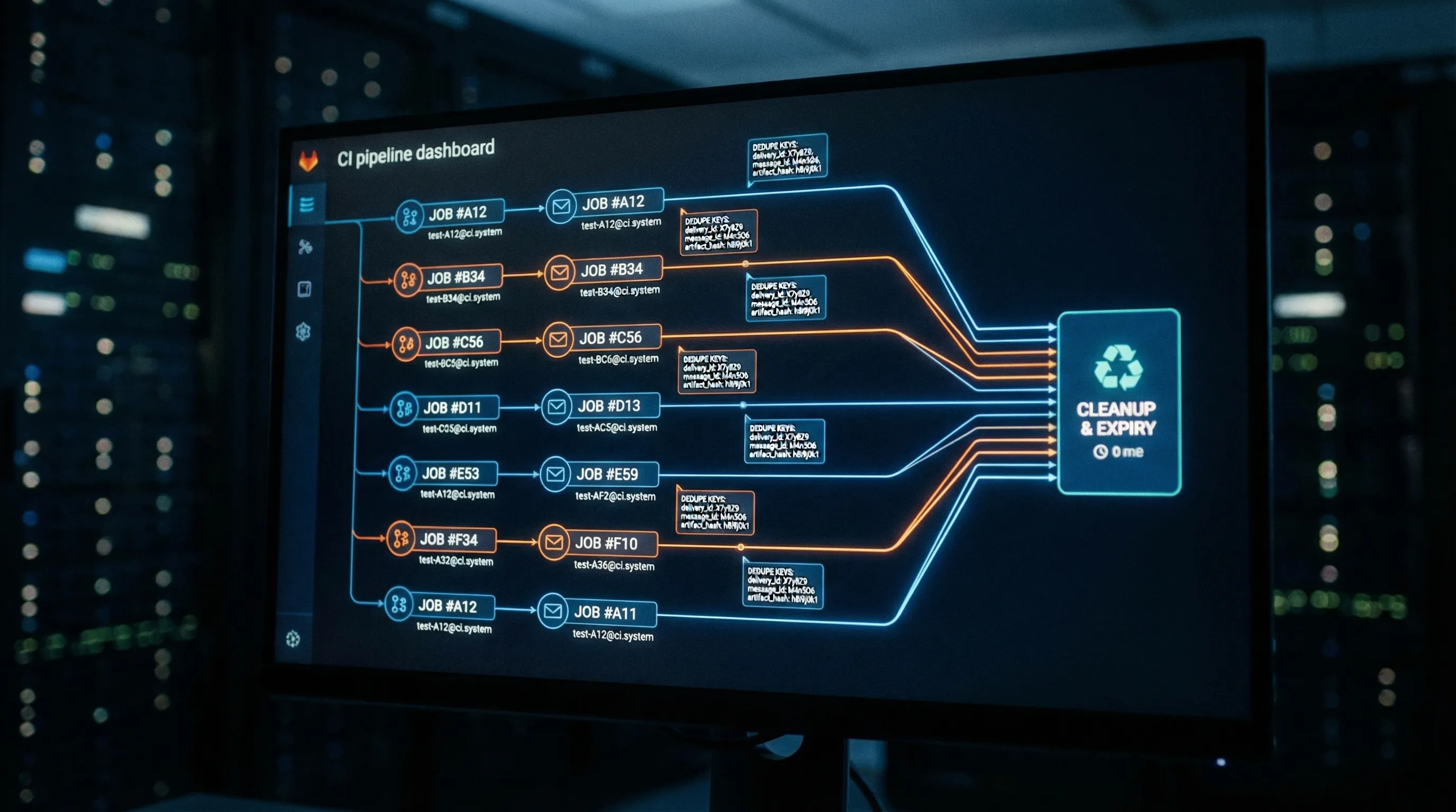 A CI pipeline dashboard concept illustration showing multiple parallel test jobs, each associated with its own inbox ID and email address, with small callouts for dedupe keys (delivery_id, message_id, artifact_hash) and a cleanup/expiry step at the end. No real brand UI, just generic CI blocks and labels.