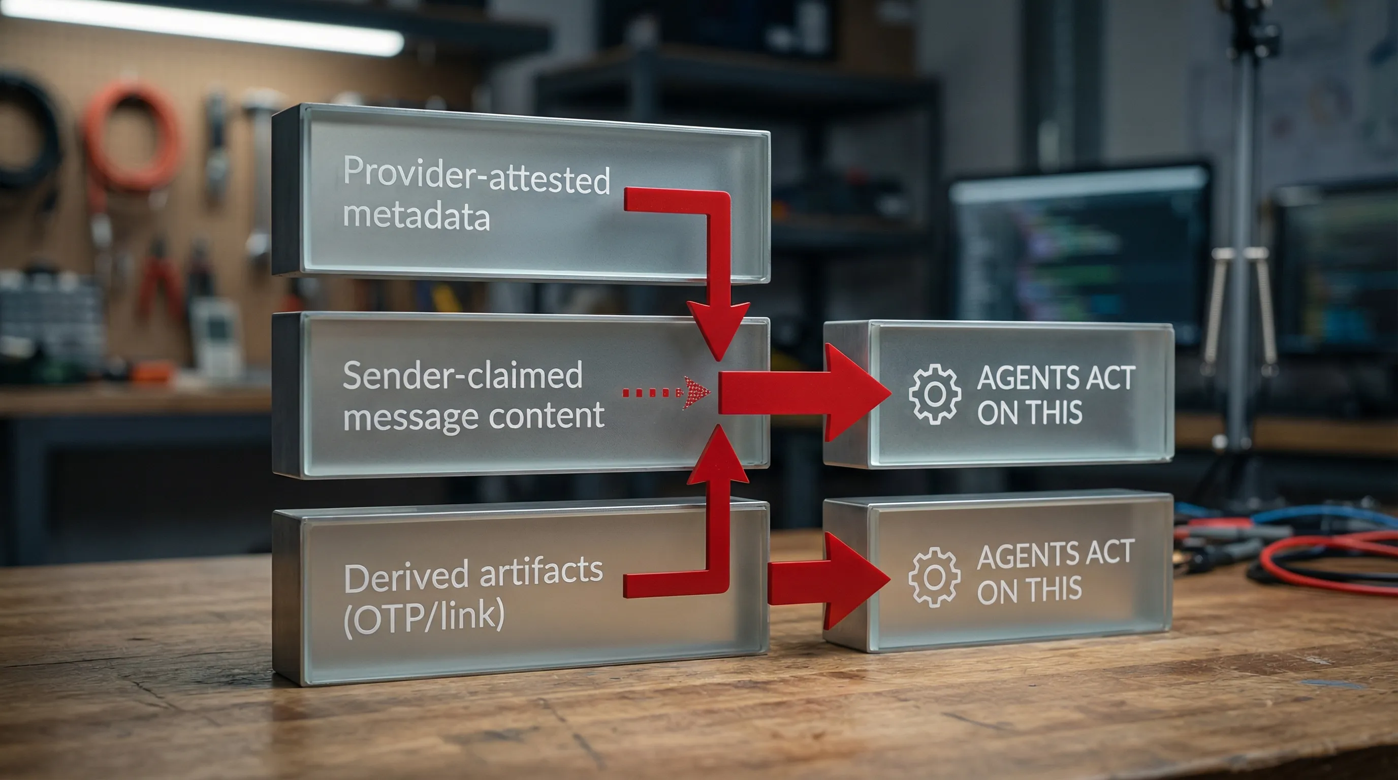 A simple layered diagram showing three stacked layers labeled Provider-attested metadata, Sender-claimed message content, and Derived artifacts (OTP/link) with arrows indicating that agents should mainly act on provider metadata and derived artifacts.