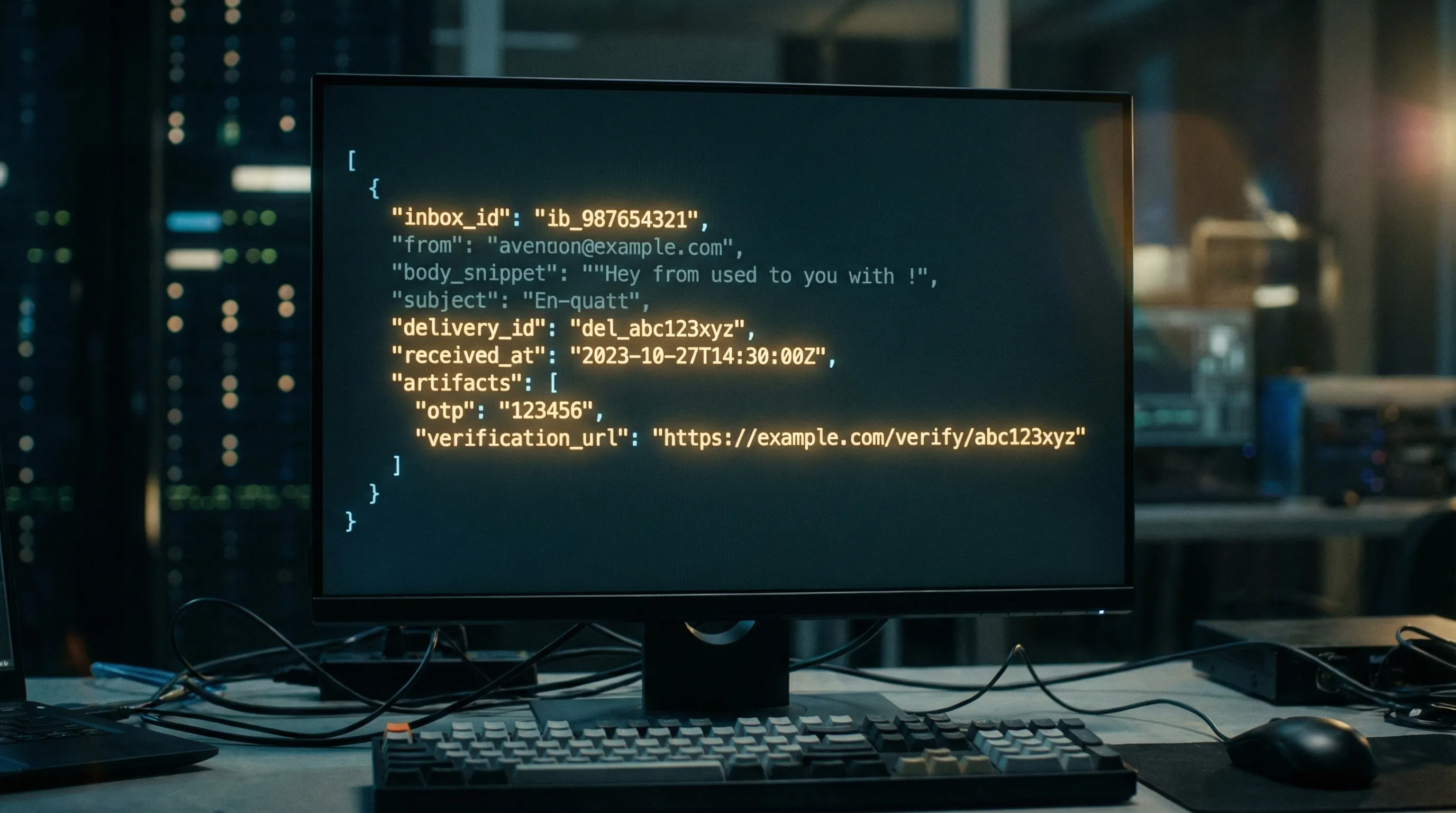 A formatted example JSON payload with highlighted fields inbox_id, delivery_id, received_at, and an artifacts array containing an OTP and a verification URL.