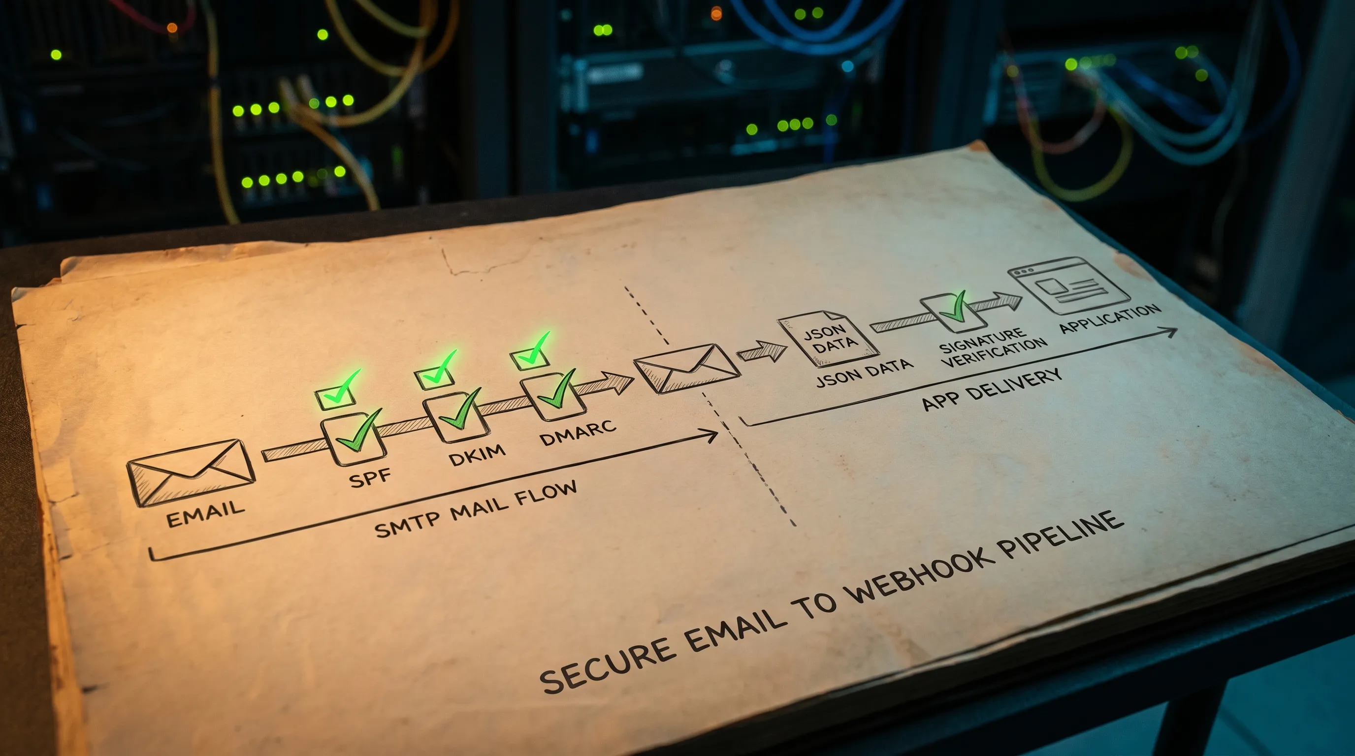 A simple two-lane diagram showing an email traveling through SMTP with SPF/DKIM/DMARC checks, then being transformed into JSON and delivered to an application via an HTTP webhook with signature verification.