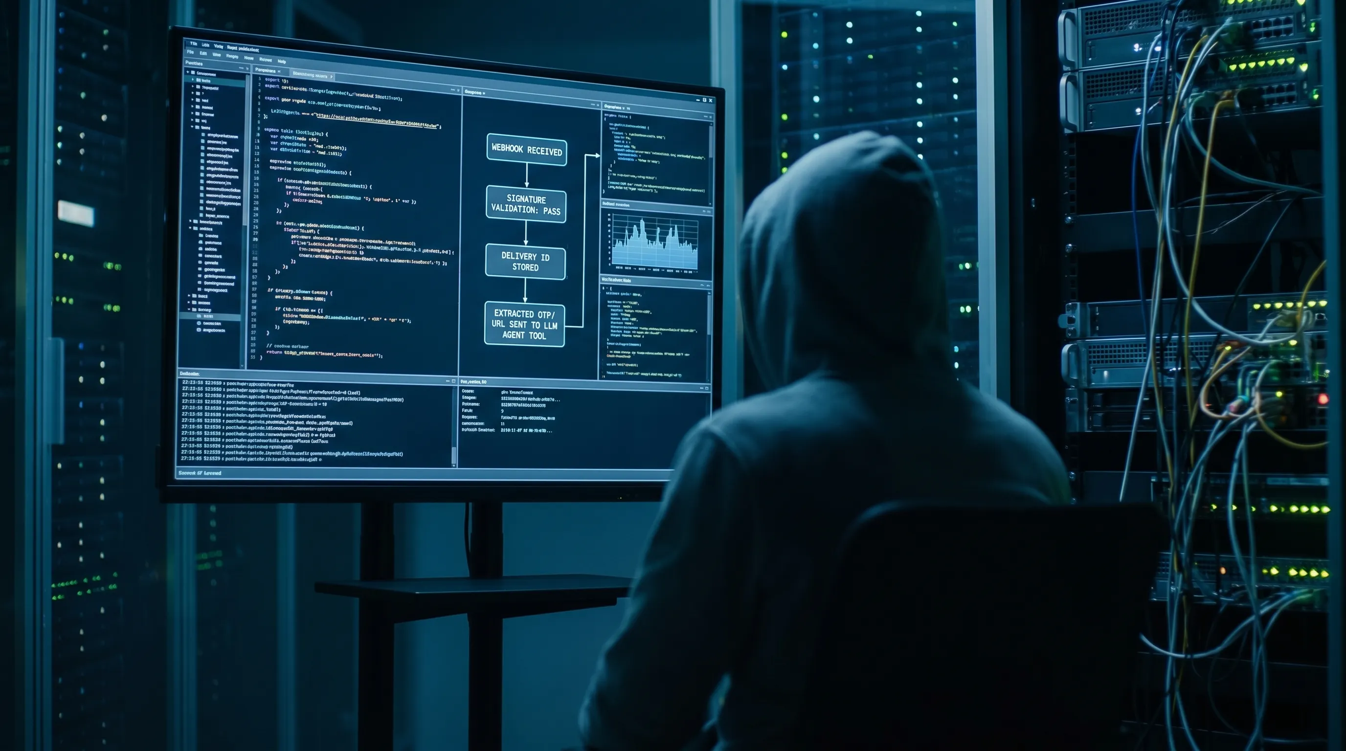 A backend service receiving a webhook request, validating a signature header, storing a delivery id for dedupe, and then passing only an extracted OTP or verification URL to an LLM agent tool.