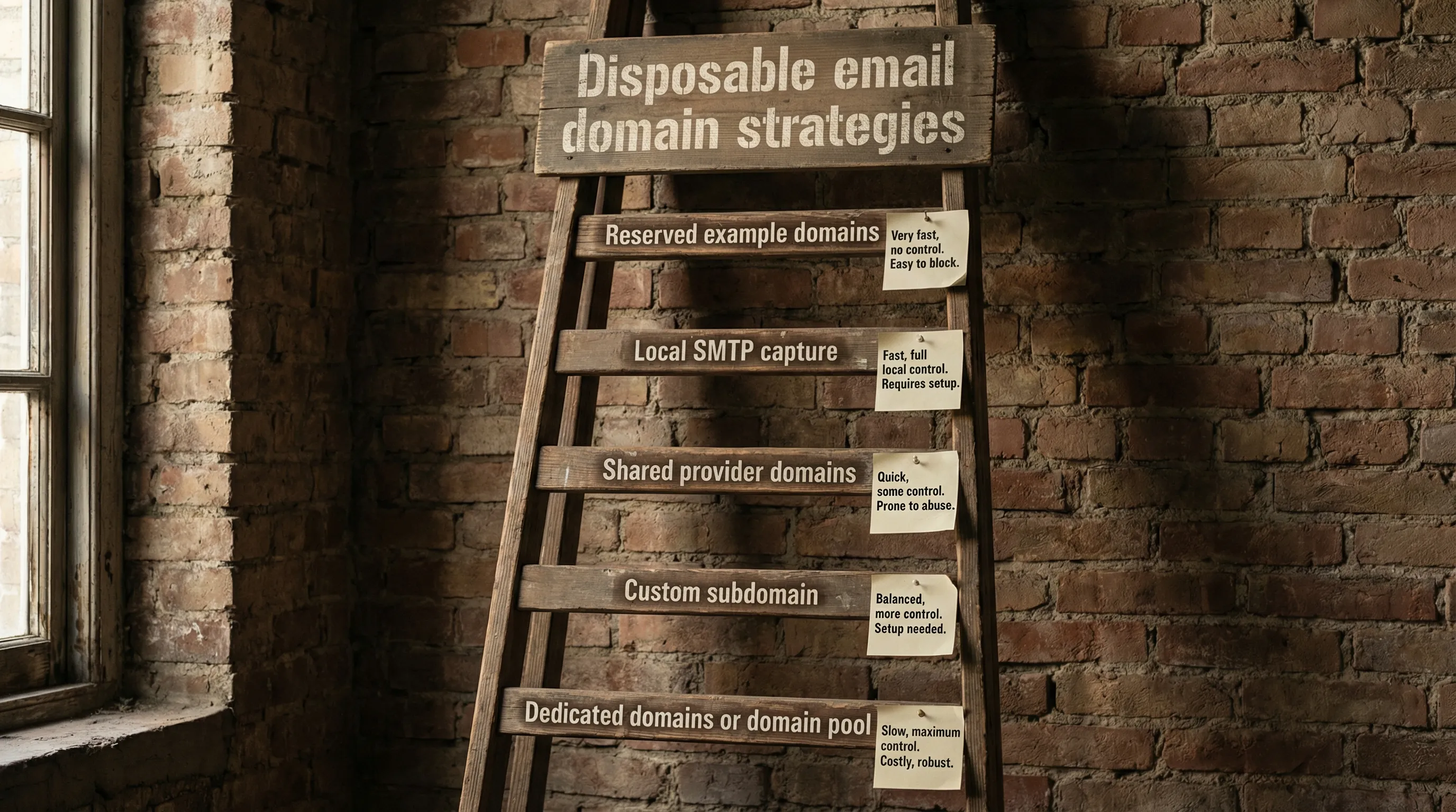 A simple ladder diagram titled “Disposable email domain strategies” with five rungs: Reserved example domains, Local SMTP capture, Shared provider domains, Custom subdomain, Dedicated domains or domain pool. Each rung has a short note for speed vs control.