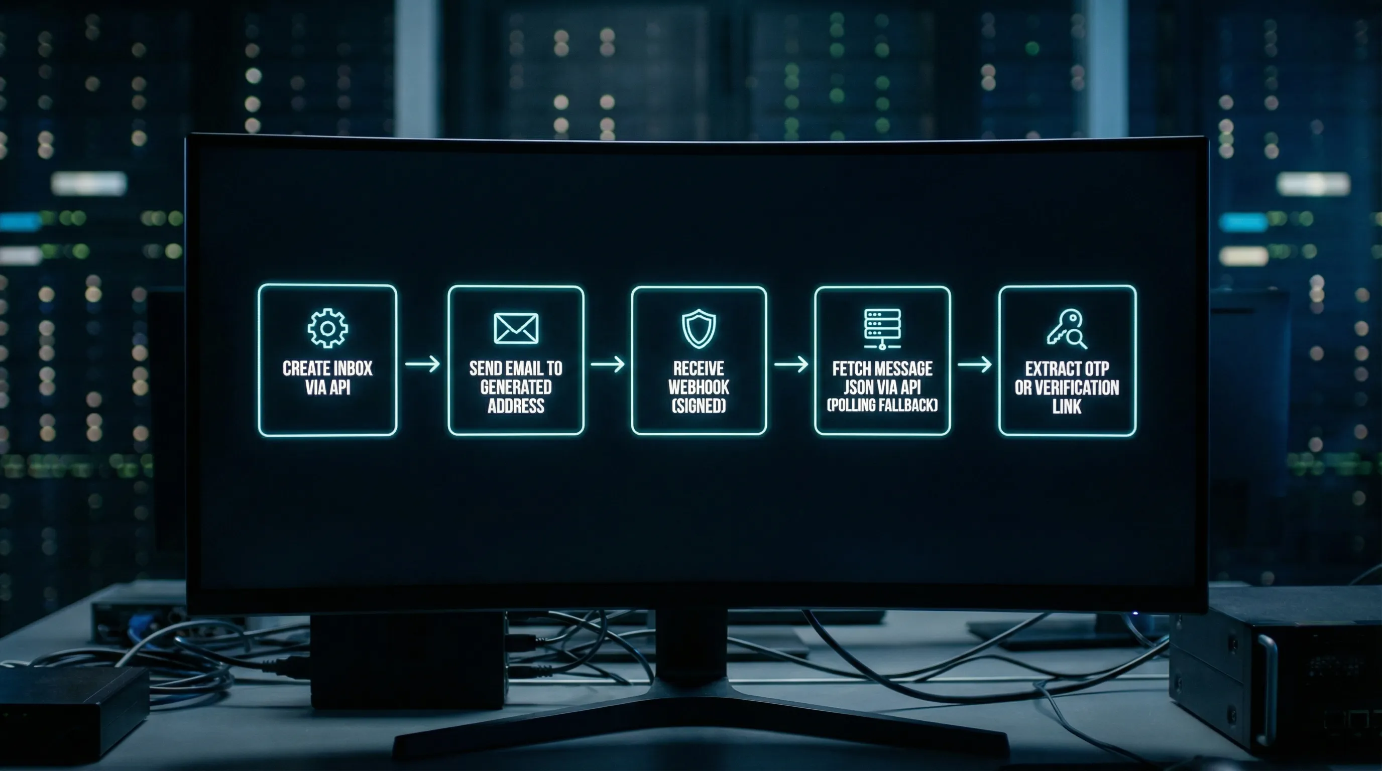 A workflow diagram showing “Create inbox via API” then “Send email to generated address” then “Receive webhook (signed)” then “Fetch message JSON via API (polling fallback)” then “Extract OTP or verification link”.