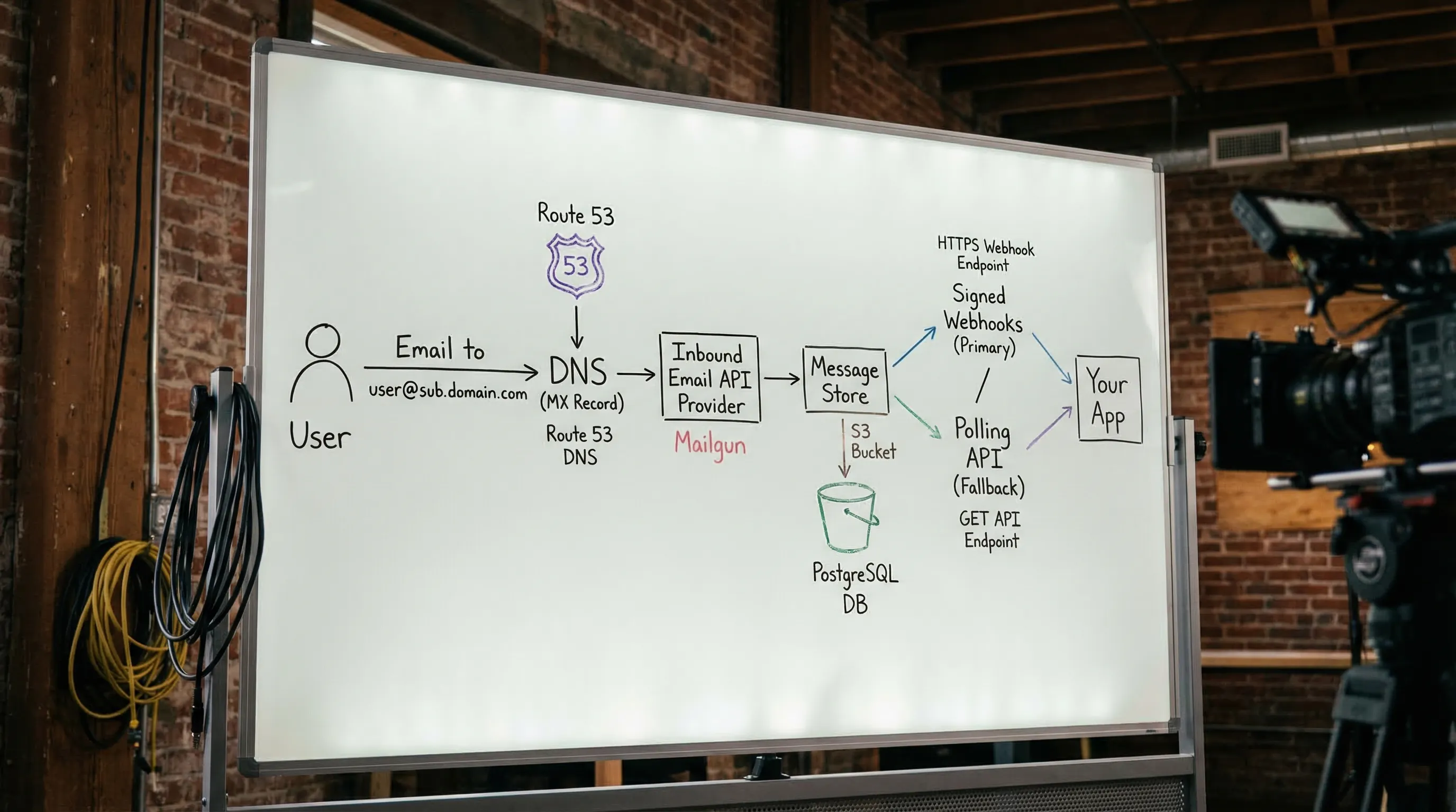 A simple architecture diagram showing an email sent to an address at a custom subdomain, then DNS MX routes it to an inbound email API provider, which stores the message and delivers it to your app via signed webhooks, with polling API as a fallback.