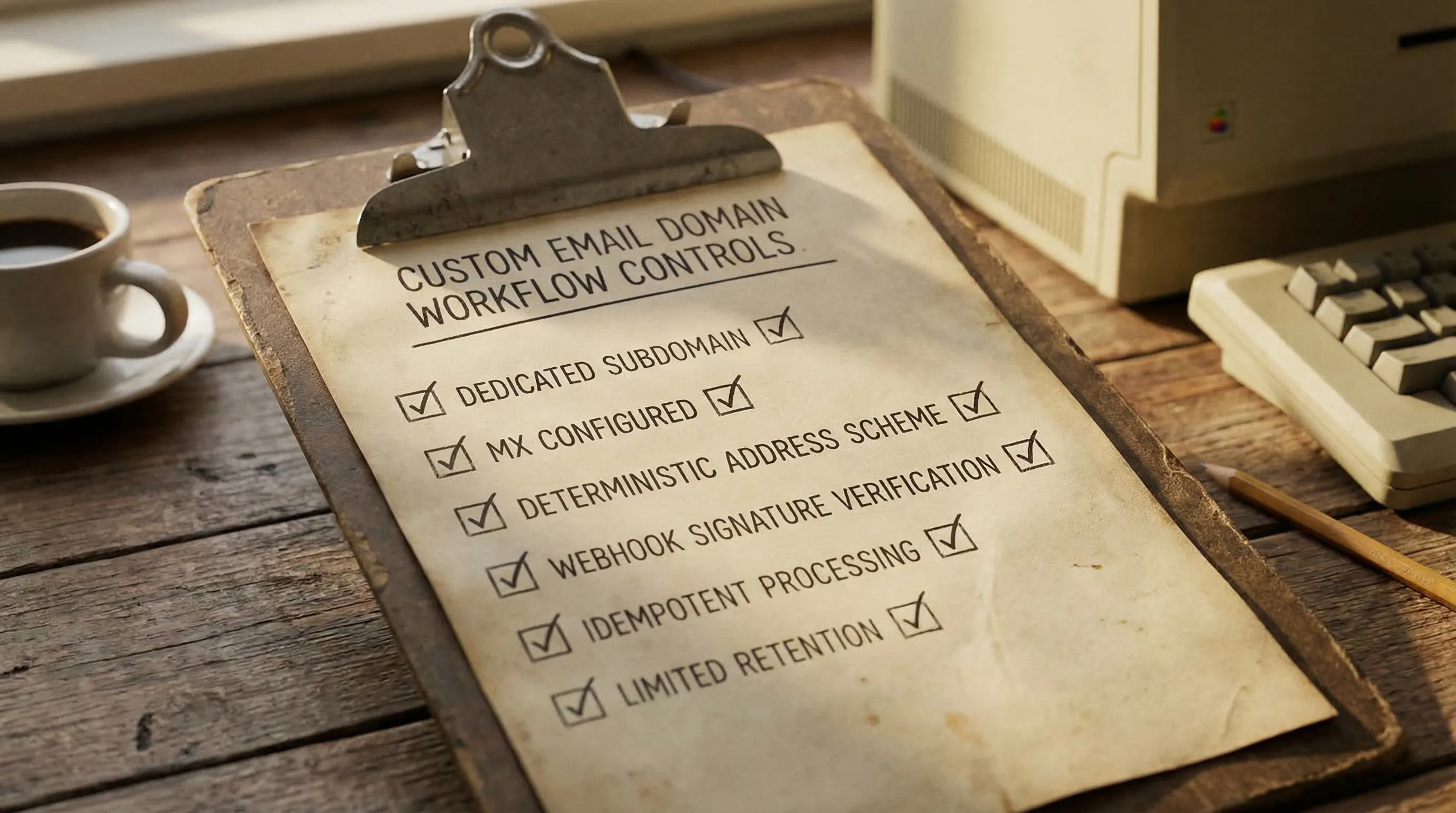 A checklist-style illustration showing key controls for a custom email domain workflow: dedicated subdomain, MX configured, deterministic address scheme, webhook signature verification, idempotent processing, limited retention.