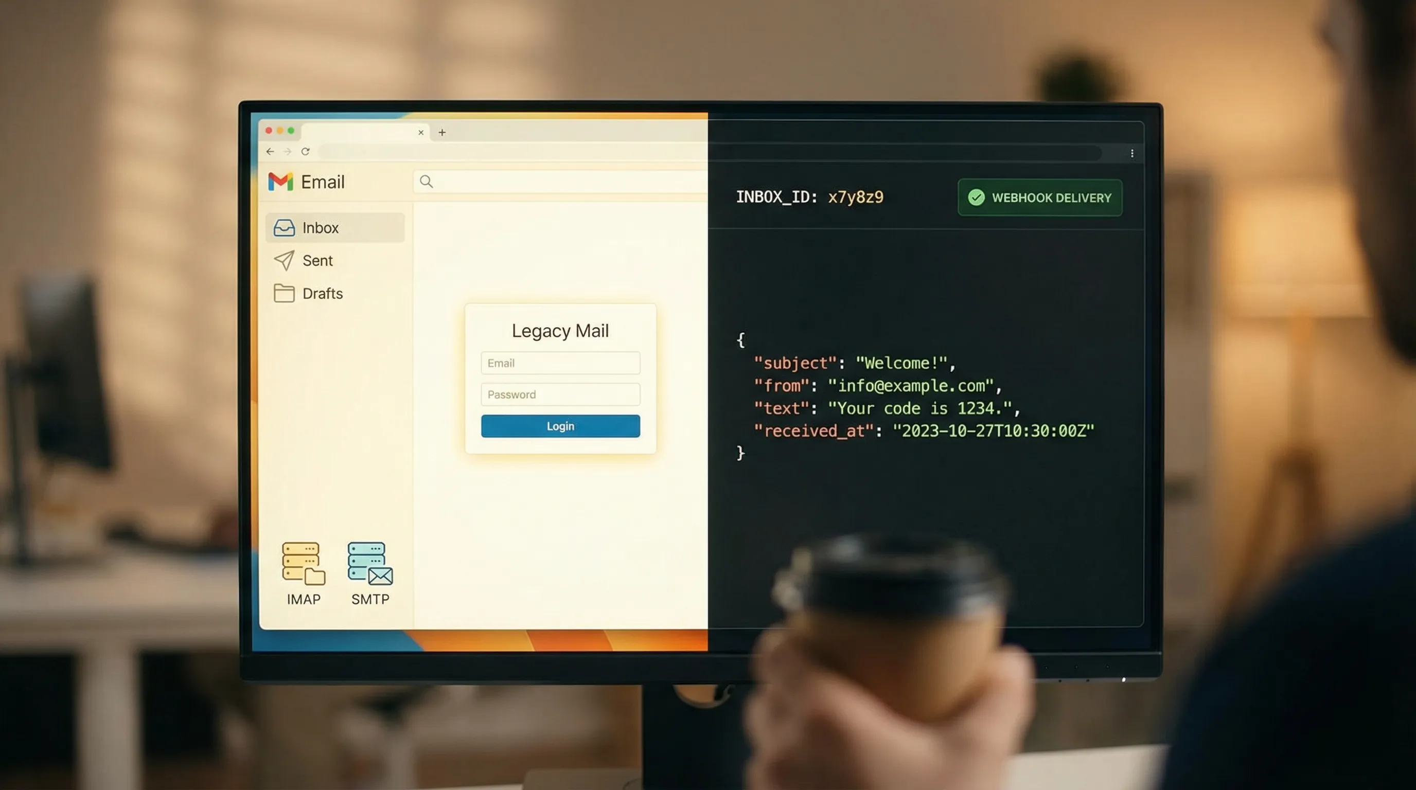 A split-screen comparison illustration: on the left, a traditional email provider mailbox with login, folders, and IMAP/SMTP icons; on the right, an API-driven disposable inbox showing an inbox_id, webhook delivery, and an email represented as JSON fields like subject, from, text, and received_at.