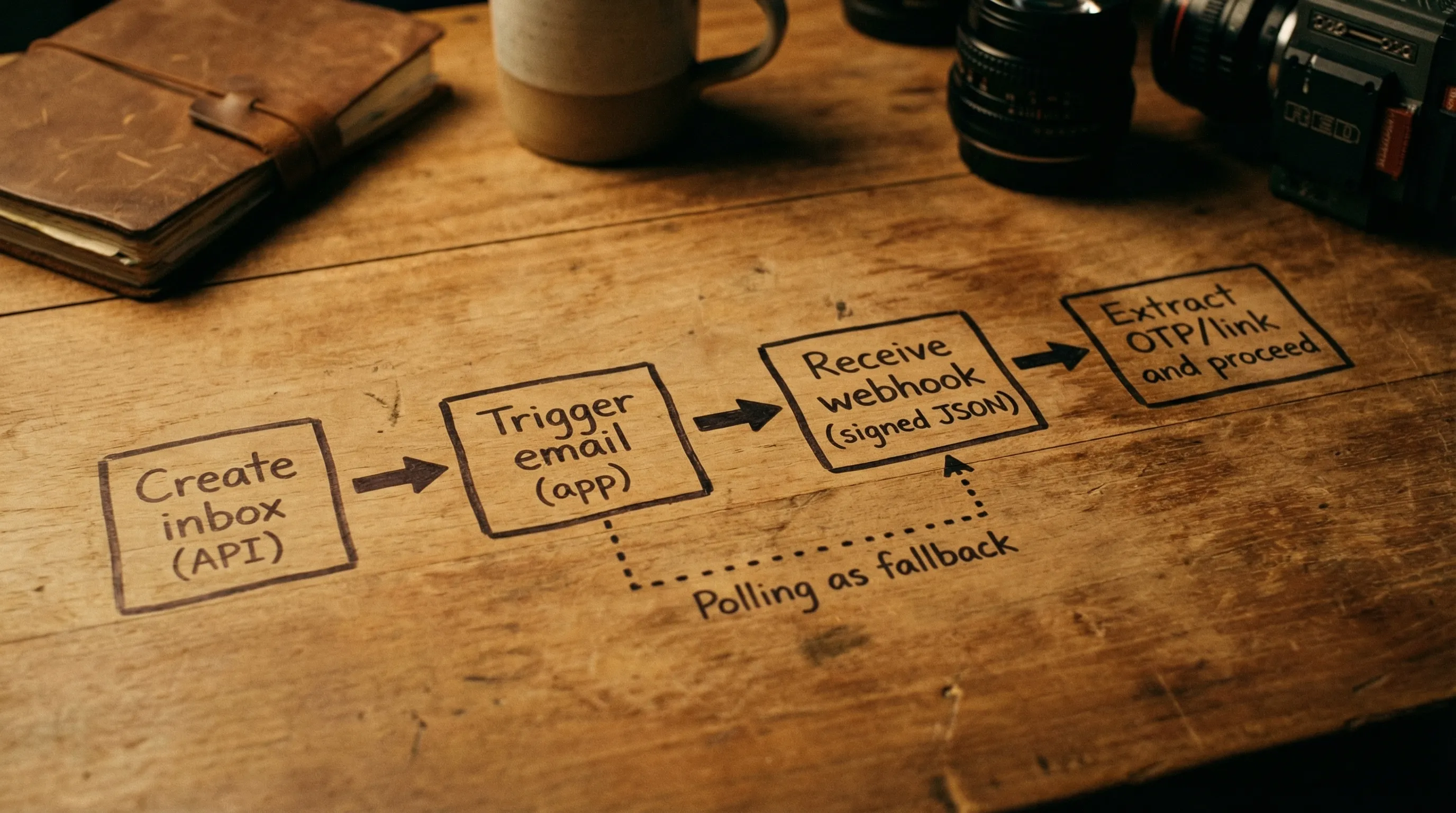 A simple flow diagram with four boxes connected by arrows: Create inbox (API) → Trigger email (app) → Receive webhook (signed JSON) → Extract OTP/link and proceed; a dotted line indicates Polling as fallback.