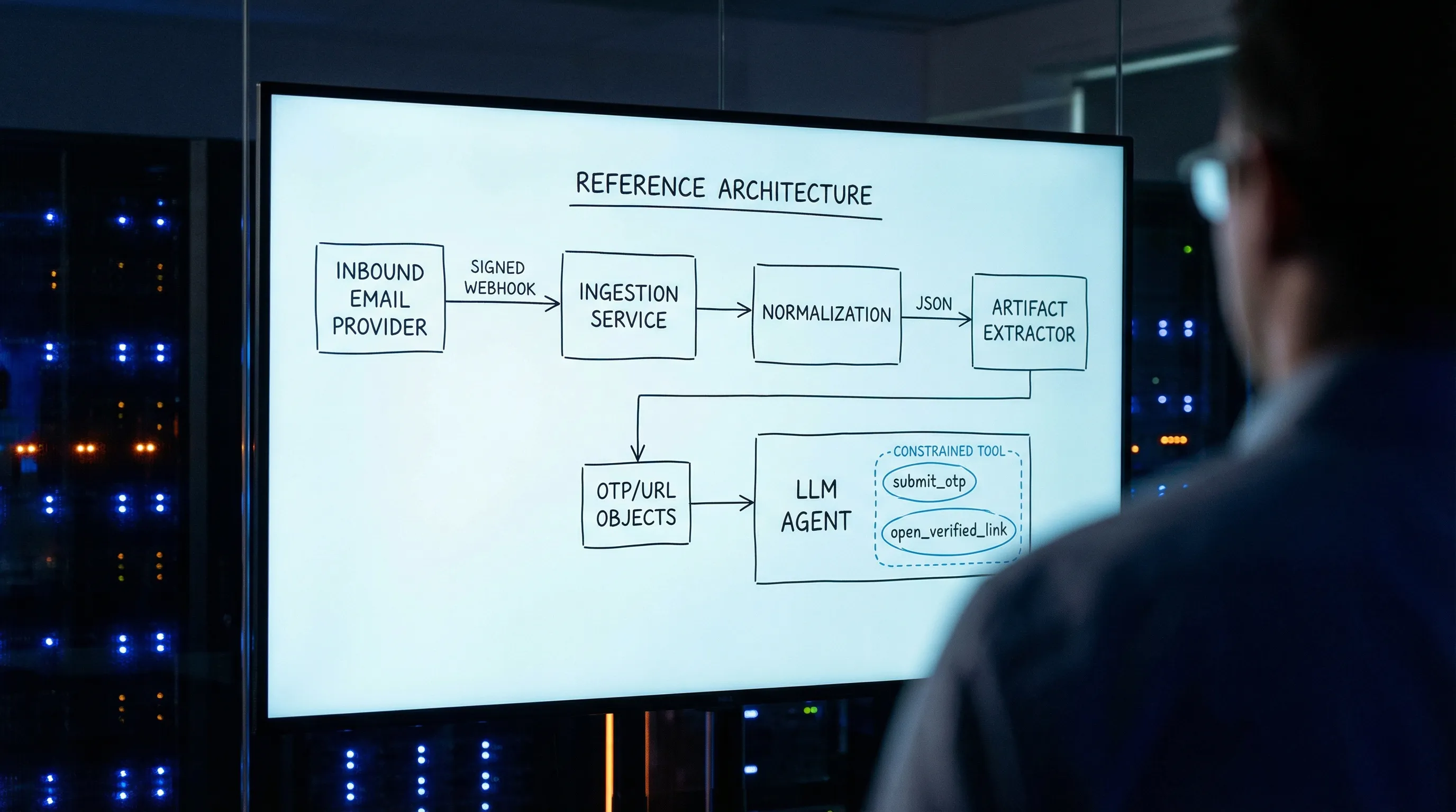A simple reference architecture diagram showing an inbound email provider delivering a signed webhook to an ingestion service, then a normalization step producing JSON, an artifact extractor producing OTP/URL objects, and finally an LLM agent that can only call constrained tools like submit_otp or open_verified_link.