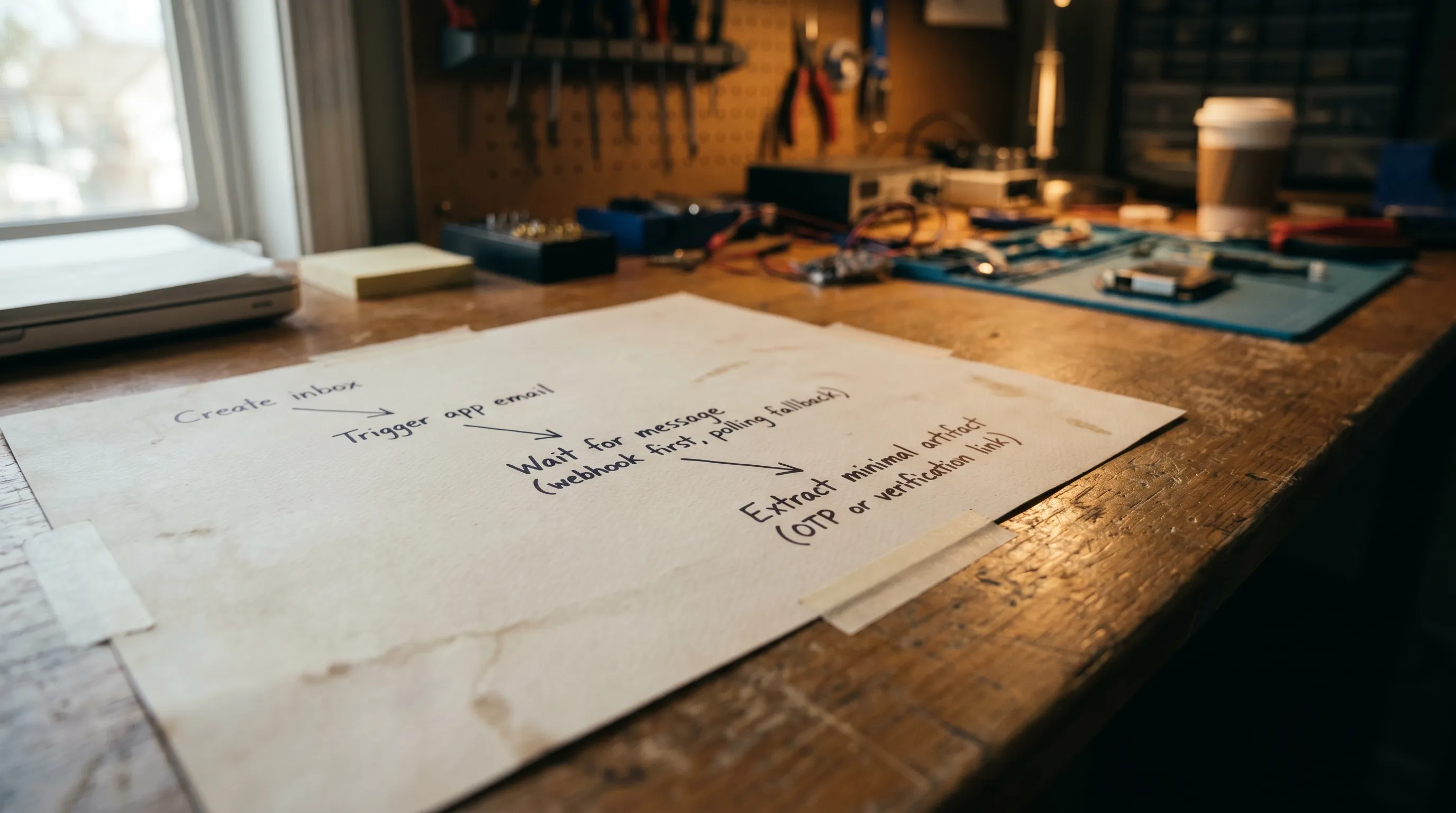 Simple flow diagram showing four labeled steps connected by arrows: Create inbox, Trigger app email, Wait for message (webhook first, polling fallback), Extract minimal artifact (OTP or verification link).