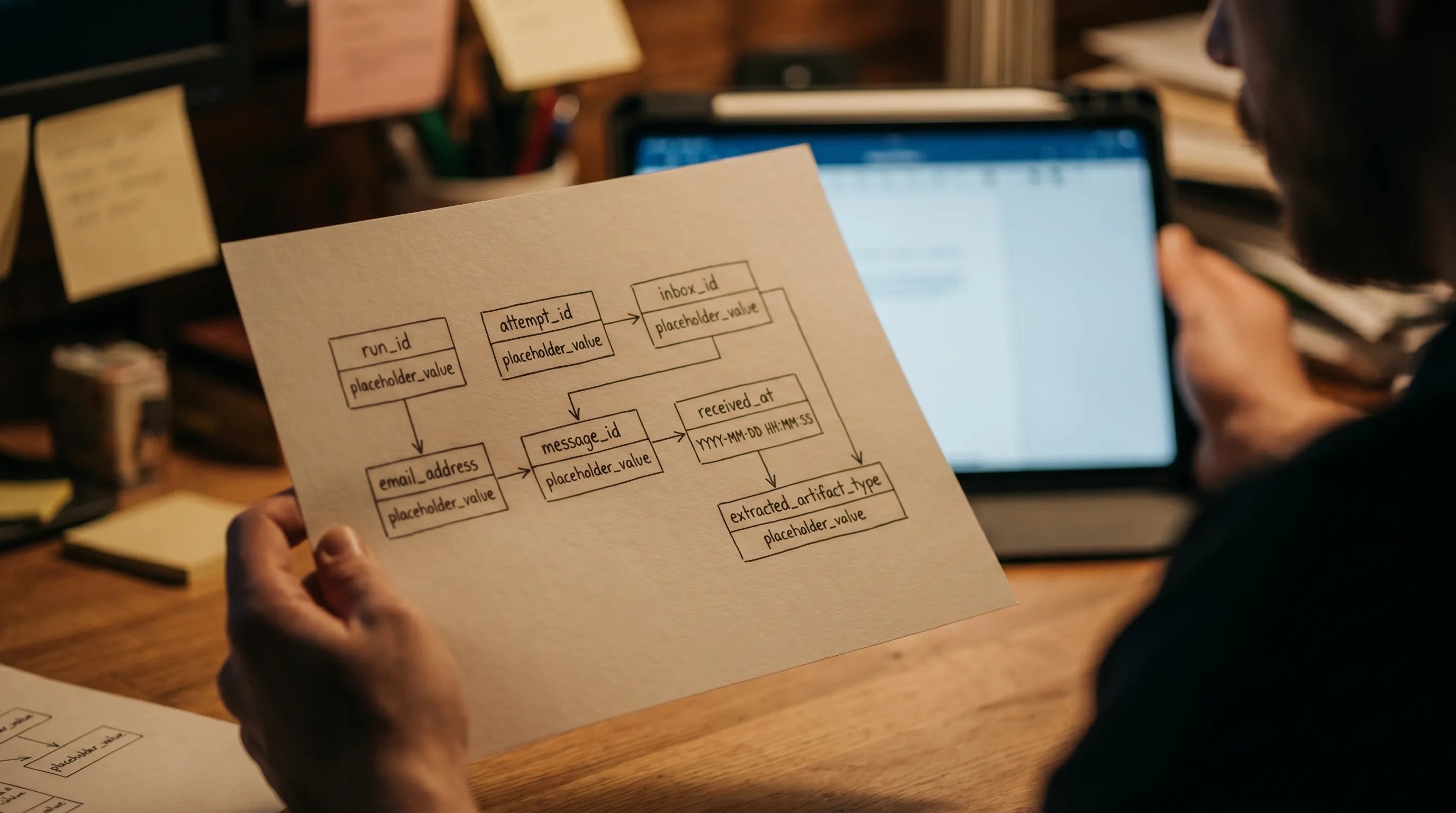 A CI log snippet concept illustration showing labeled fields: run_id, attempt_id, inbox_id, email_address, message_id, received_at, extracted_artifact_type. No real emails or secrets shown.