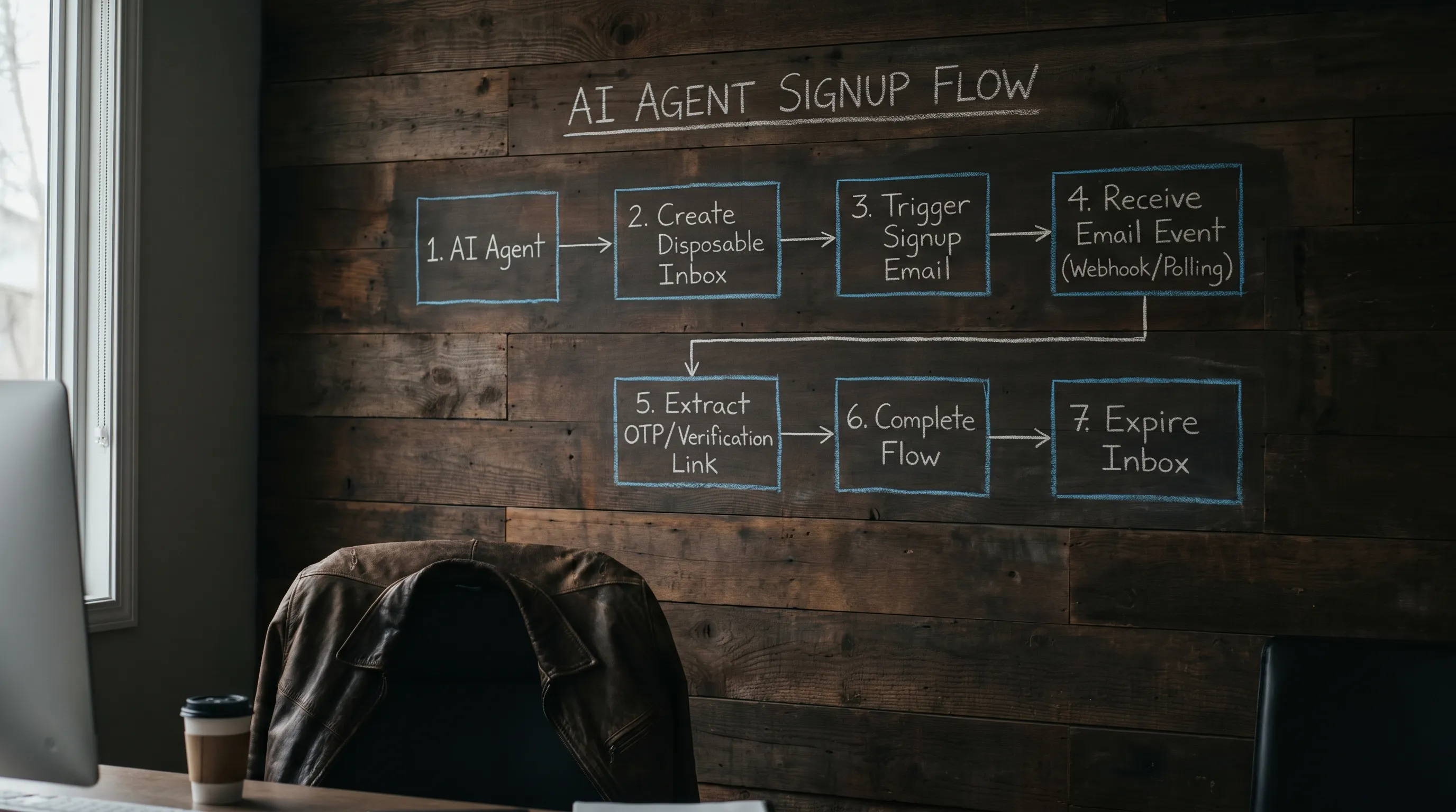 A simple flow diagram showing an AI agent creating a disposable inbox, triggering a signup email, receiving an email event via webhook (with polling fallback), extracting an OTP or verification link, completing the flow, and expiring the inbox.