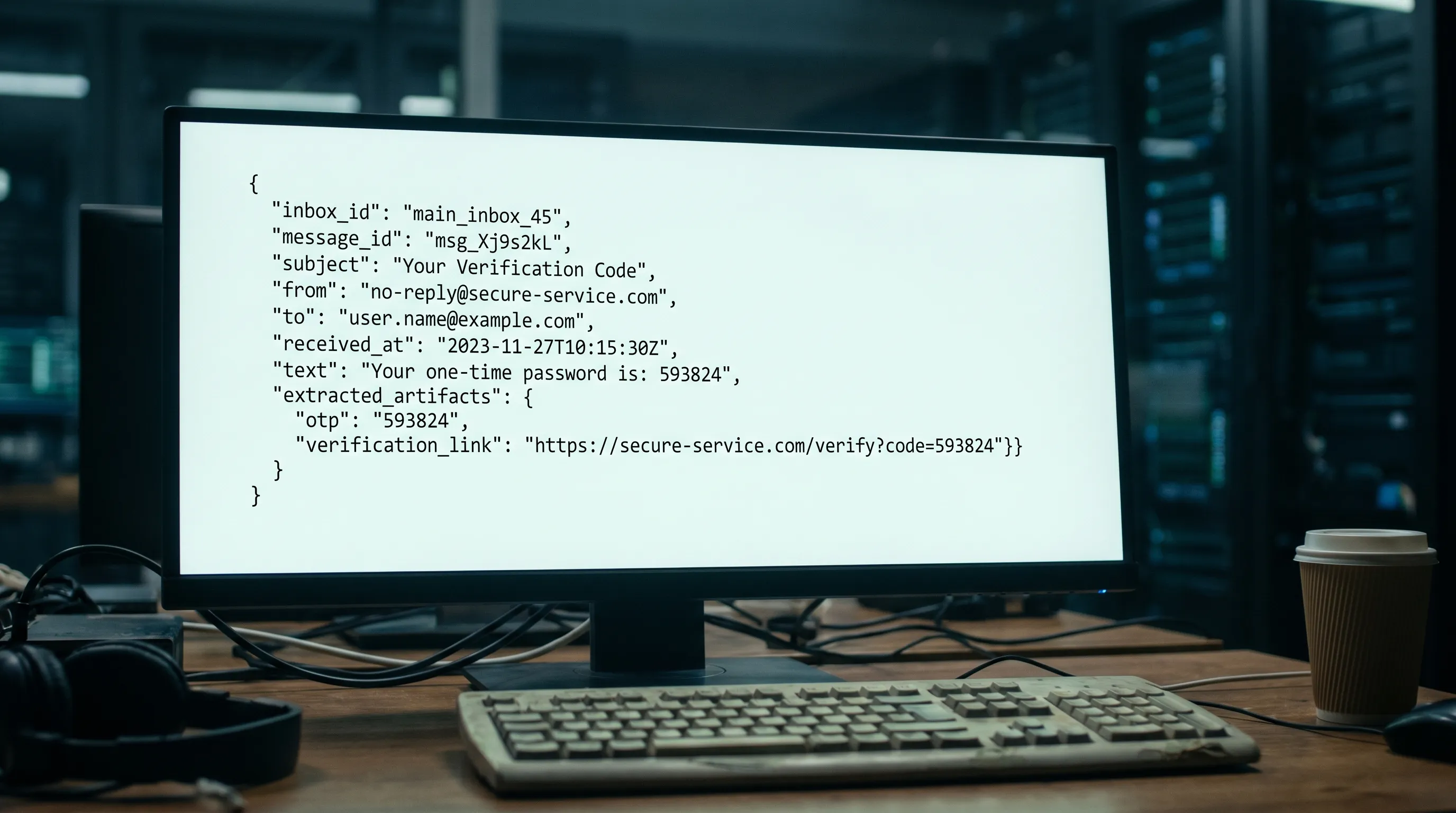 A simplified JSON-style representation of an inbound email event, showing fields like inbox_id, message_id, subject, from, to, received_at, text, and extracted artifacts such as an OTP or verification link.