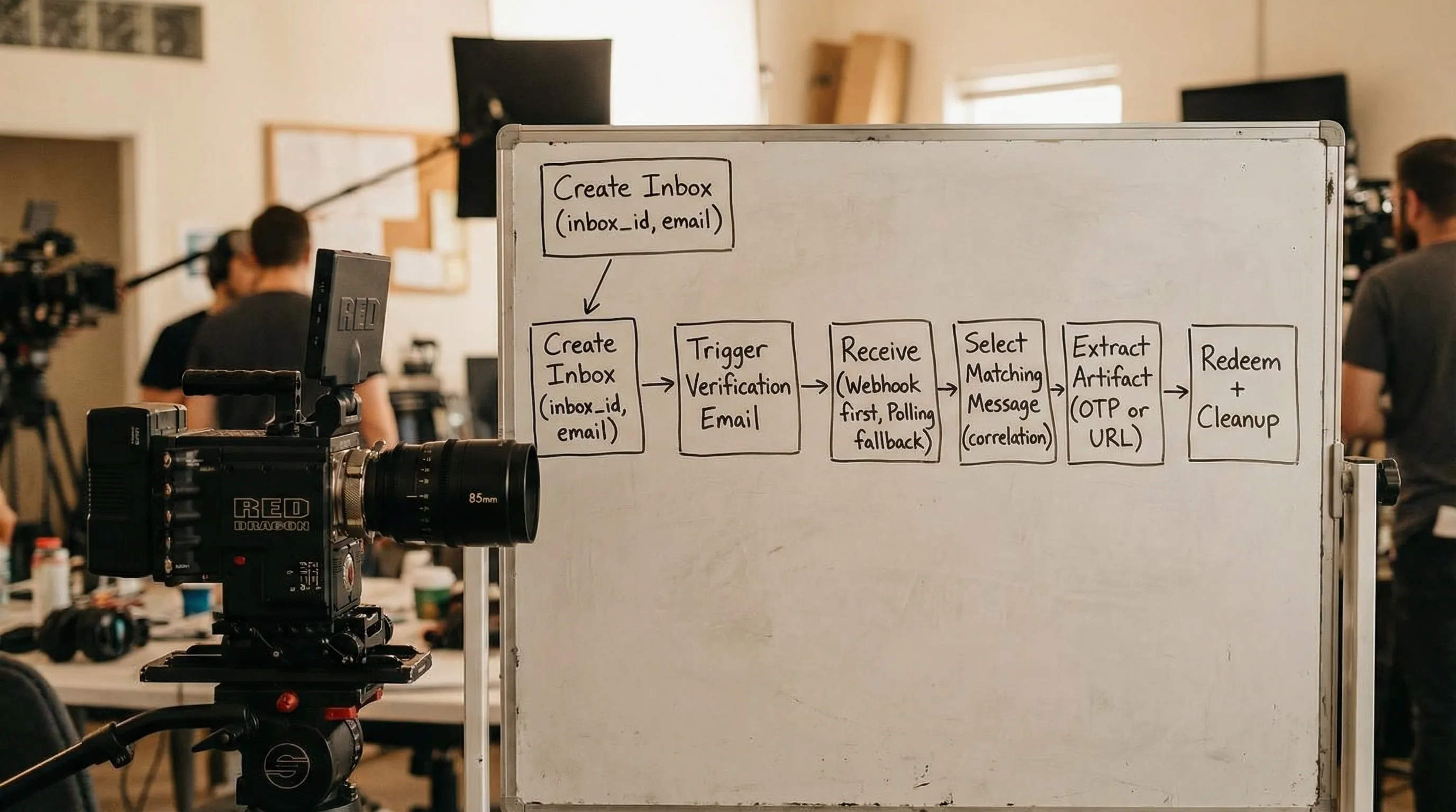 A simple workflow diagram showing six boxes connected left to right: Create Inbox (inbox_id, email) -> Trigger Verification Email -> Receive (Webhook first, Polling fallback) -> Select Matching Message (correlation) -> Extract Artifact (OTP or URL) -> Redeem + Cleanup.