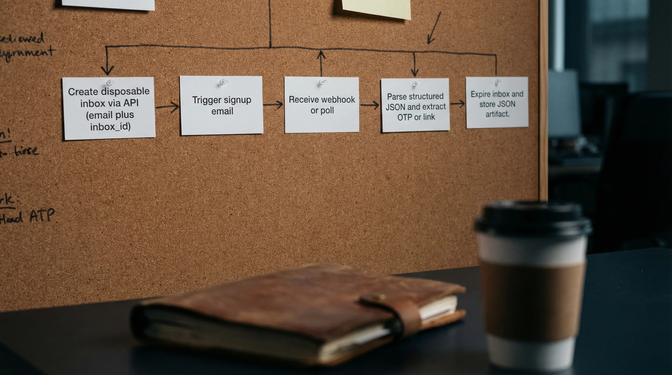 A simple five-step flow diagram: 1) Create disposable inbox via API (email plus inbox_id), 2) Trigger signup email, 3) Receive webhook or poll, 4) Parse structured JSON and extract OTP or link, 5) Expire inbox and store JSON artifact.