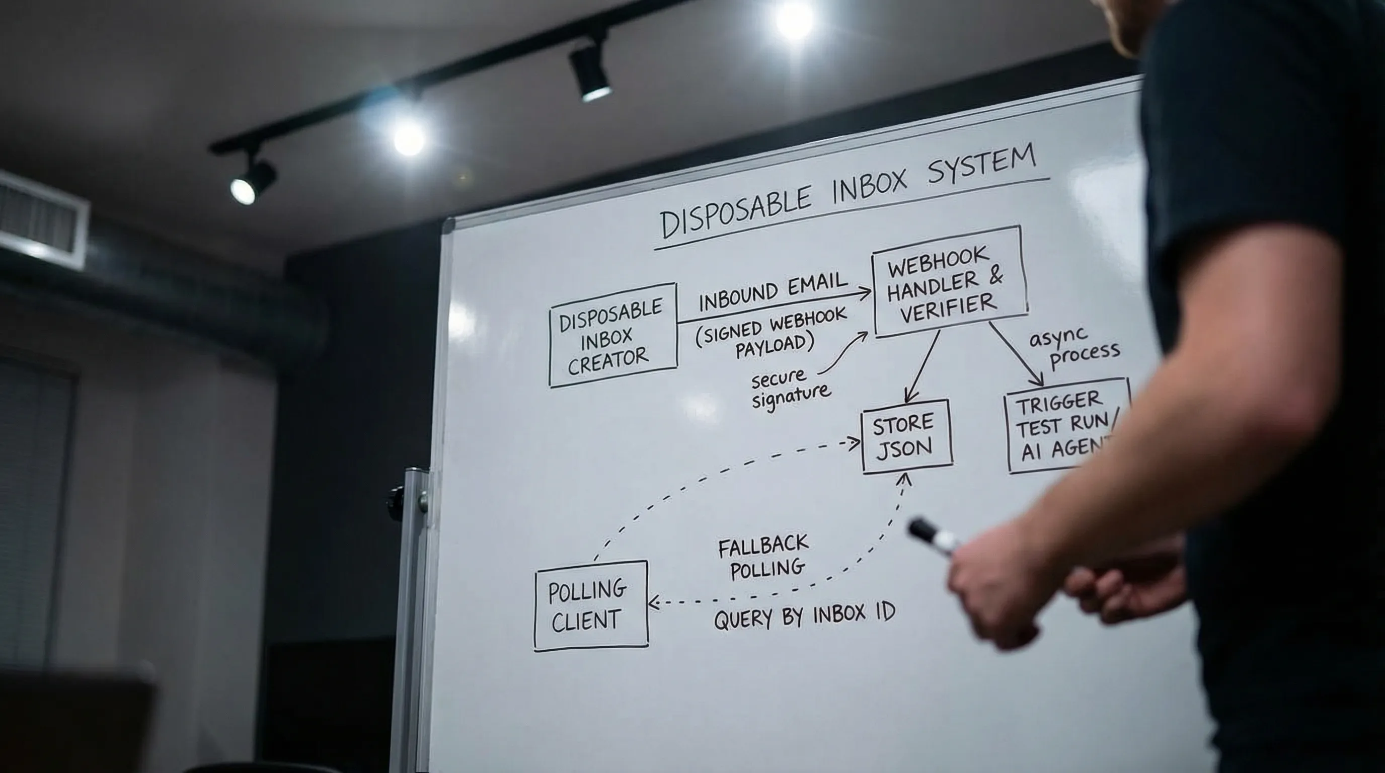 A simple architecture diagram showing a system that creates a disposable inbox, then receives an inbound email as a signed webhook payload; after verification the handler stores the JSON and triggers the test run or AI agent. A separate polling path is shown as a fallback that queries for messages by inbox id when webhooks cannot be received.