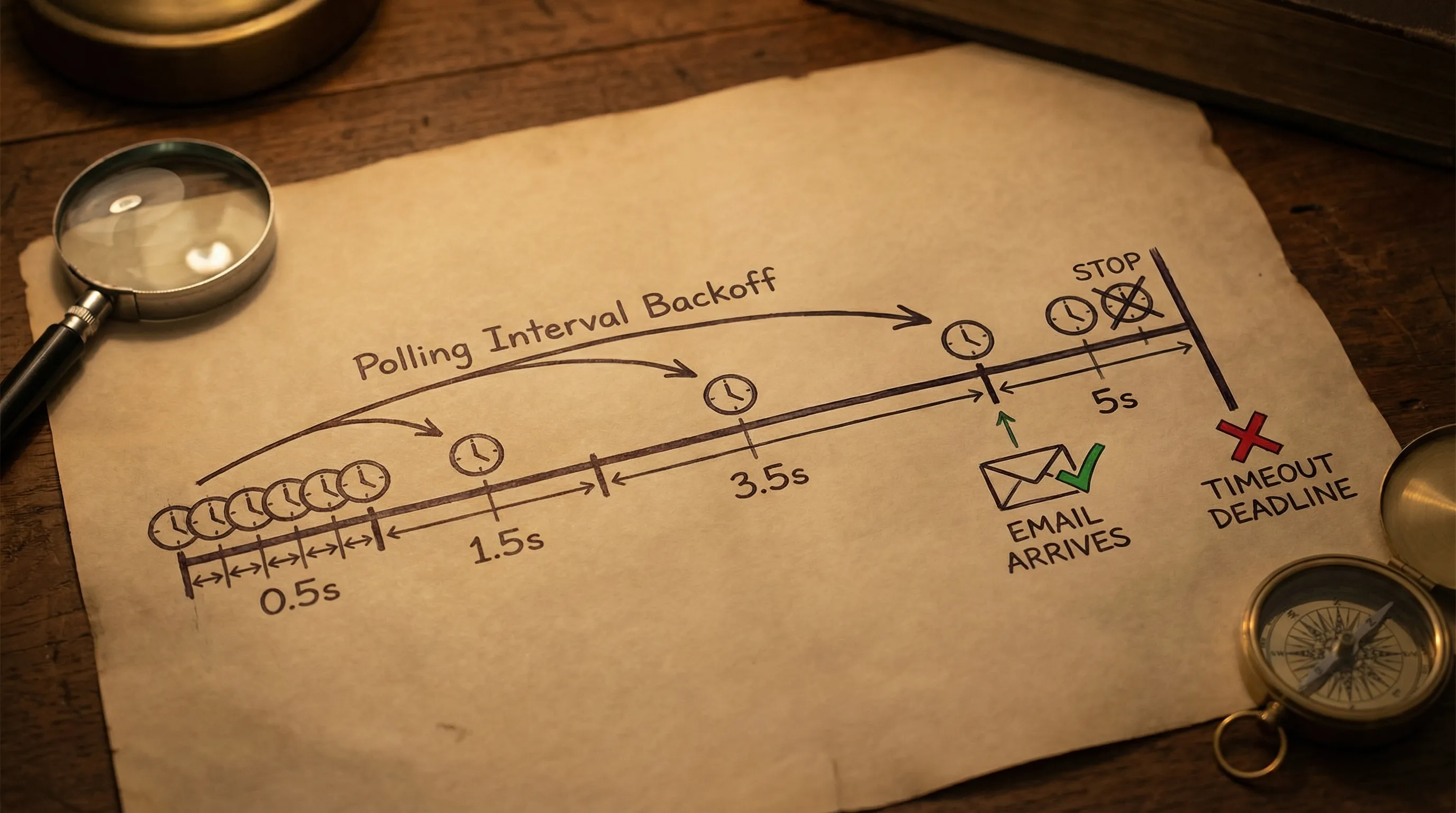 A timeline illustration of polling backoff that starts with frequent checks (0.5s) and gradually increases to a maximum interval (5s) until a timeout deadline; the moment an email arrives, the next poll detects it and stops.
