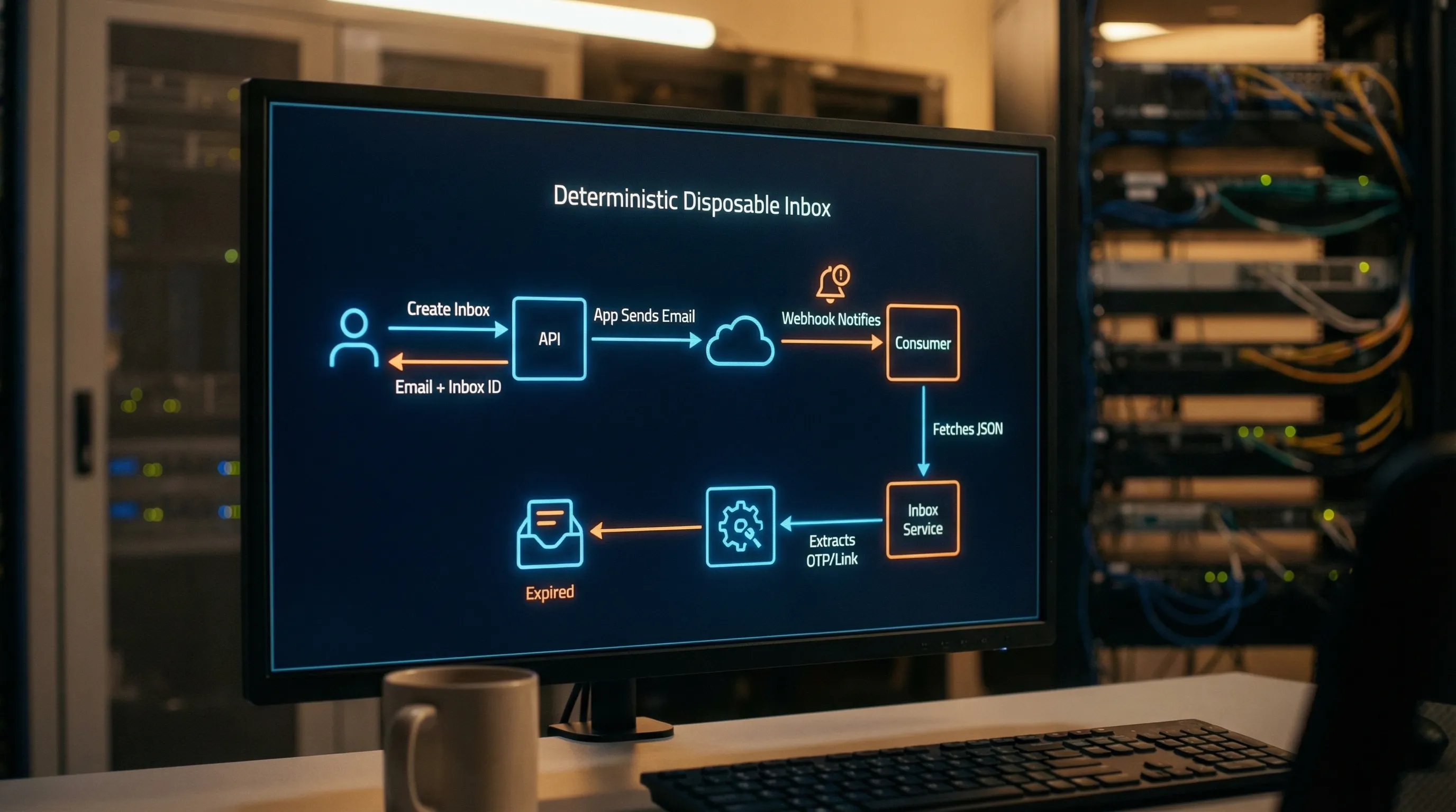 Sequence diagram showing deterministic disposable inbox flow: create inbox returns email+inbox_id, app sends email, webhook notifies, consumer fetches JSON, extracts OTP/link, then inbox expires.