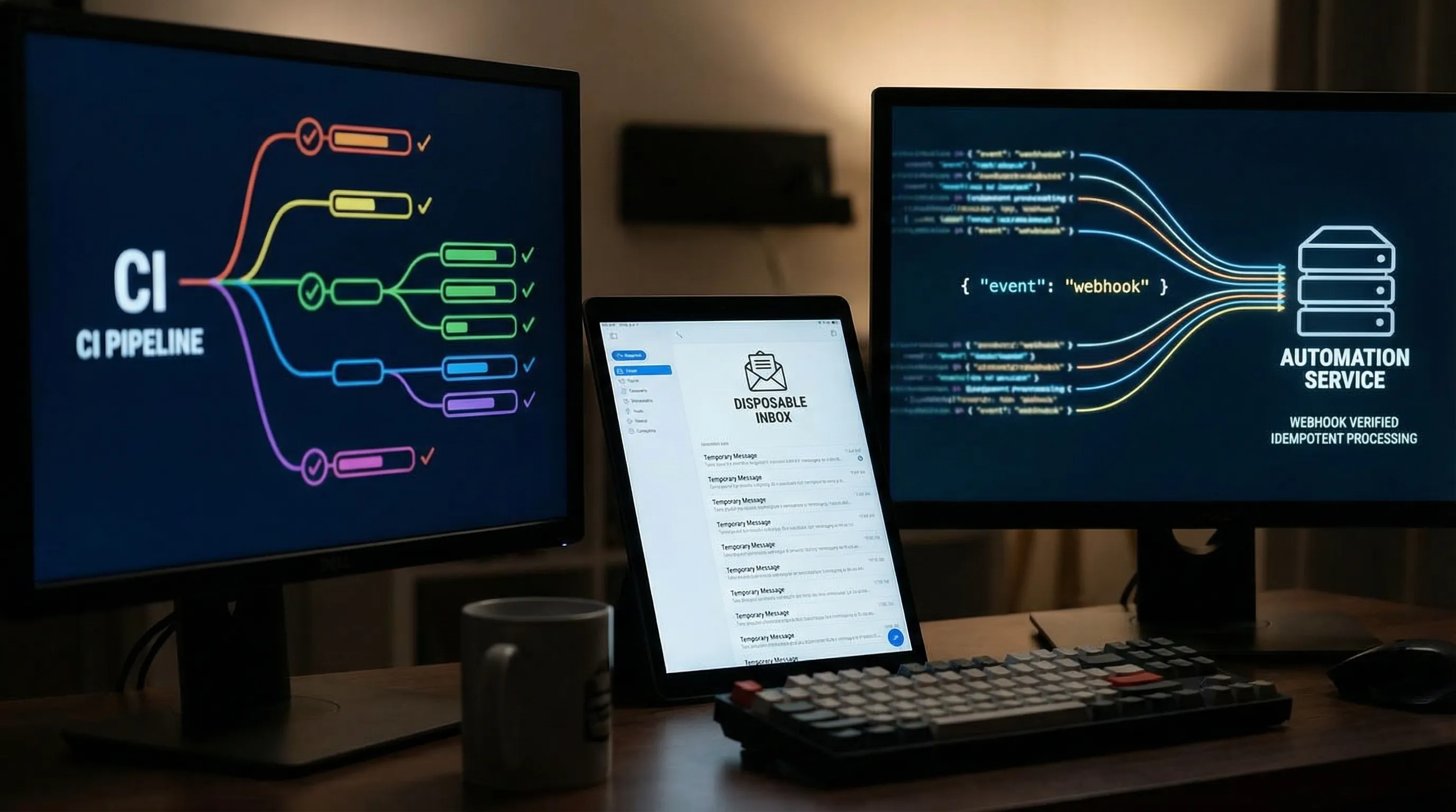 A developer workflow illustration: CI pipeline on the left, a disposable inbox resource in the middle, and JSON messages flowing to an automation service with webhook verification and idempotent processing.