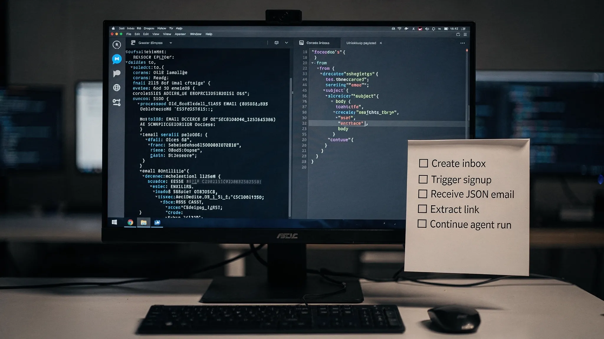 A developer-focused scene showing a terminal window and a simplified JSON email payload next to a small checklist labeled “Create inbox”, “Trigger signup”, “Receive JSON email”, “Extract link”, “Continue agent run”. The screens face forward and contain no identifiable brand logos.