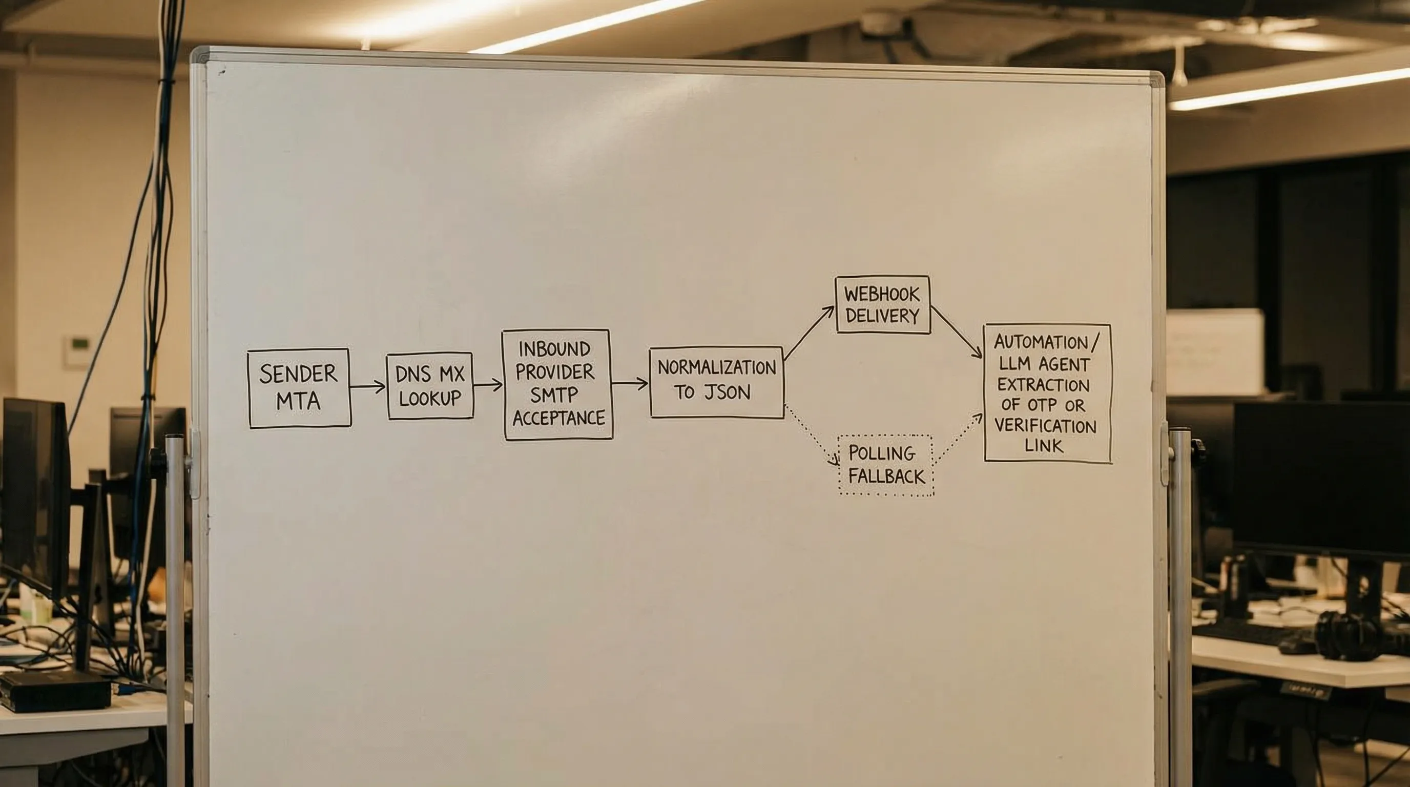 Diagram of an inbound email deliverability pipeline showing: sender MTA -> DNS MX lookup -> inbound provider SMTP acceptance -> normalization to JSON -> webhook delivery and polling fallback -> automation/LLM agent extraction of OTP or verification link.