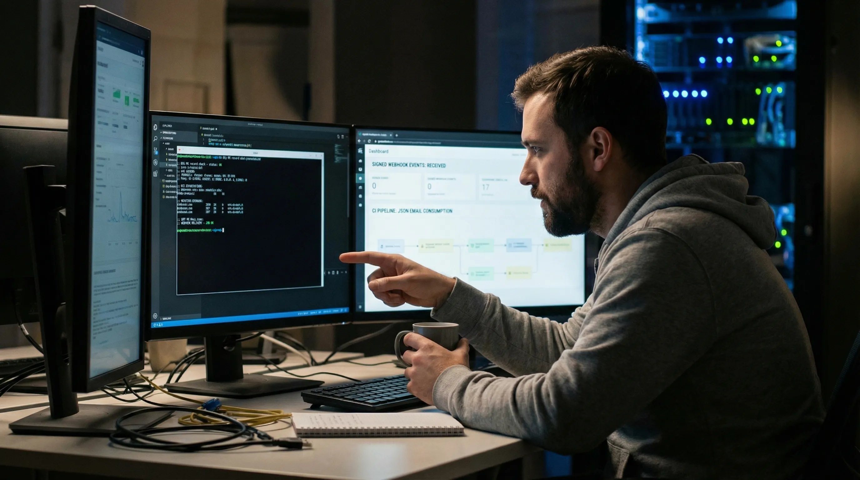 Illustration of a developer checking MX records and webhook delivery for a custom email subdomain used for disposable inboxes, with a server receiving signed webhook events and a CI pipeline consuming JSON email messages.