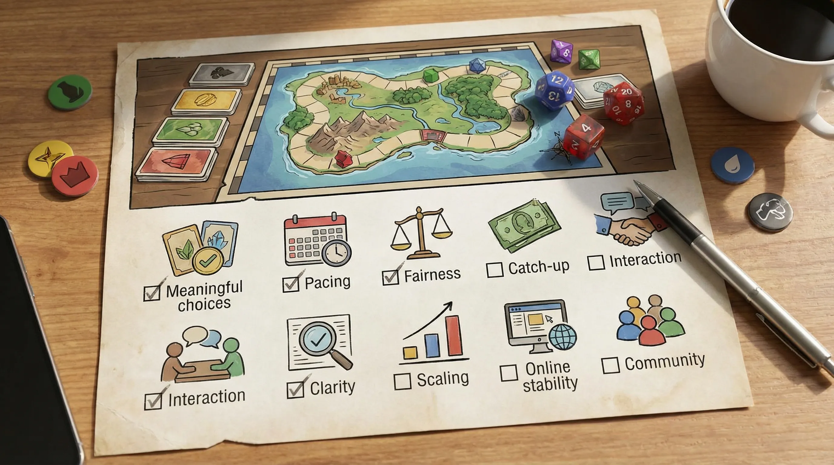 An illustrated checklist on a tabletop showing a board-game style map, resource cards, dice, and ten checkboxes labeled with multiplayer design criteria like meaningful choices, pacing, fairness, catch-up, interaction, clarity, scaling, online stability, and community.